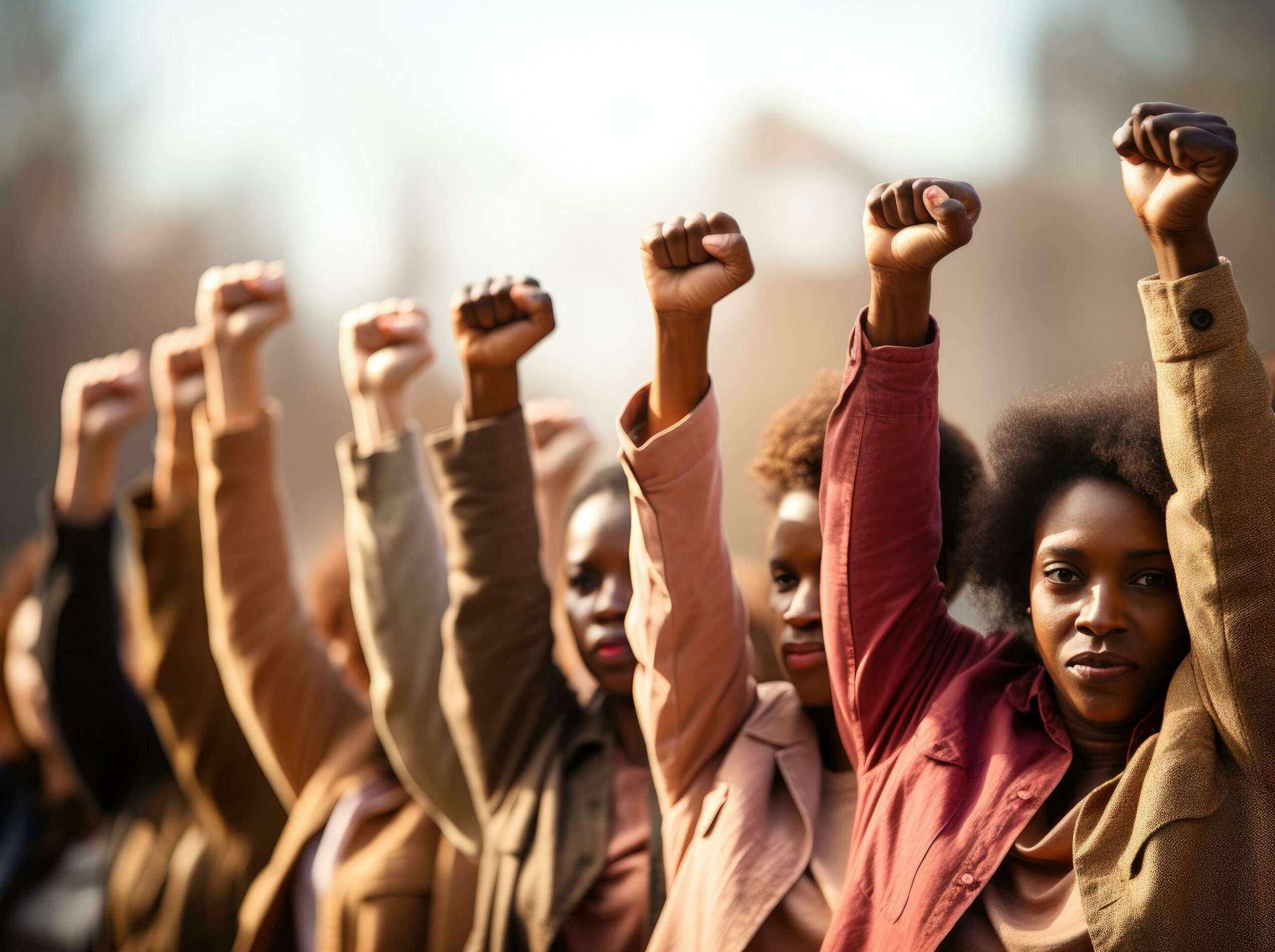 a group of people holding up their fists in different directions Free Photo