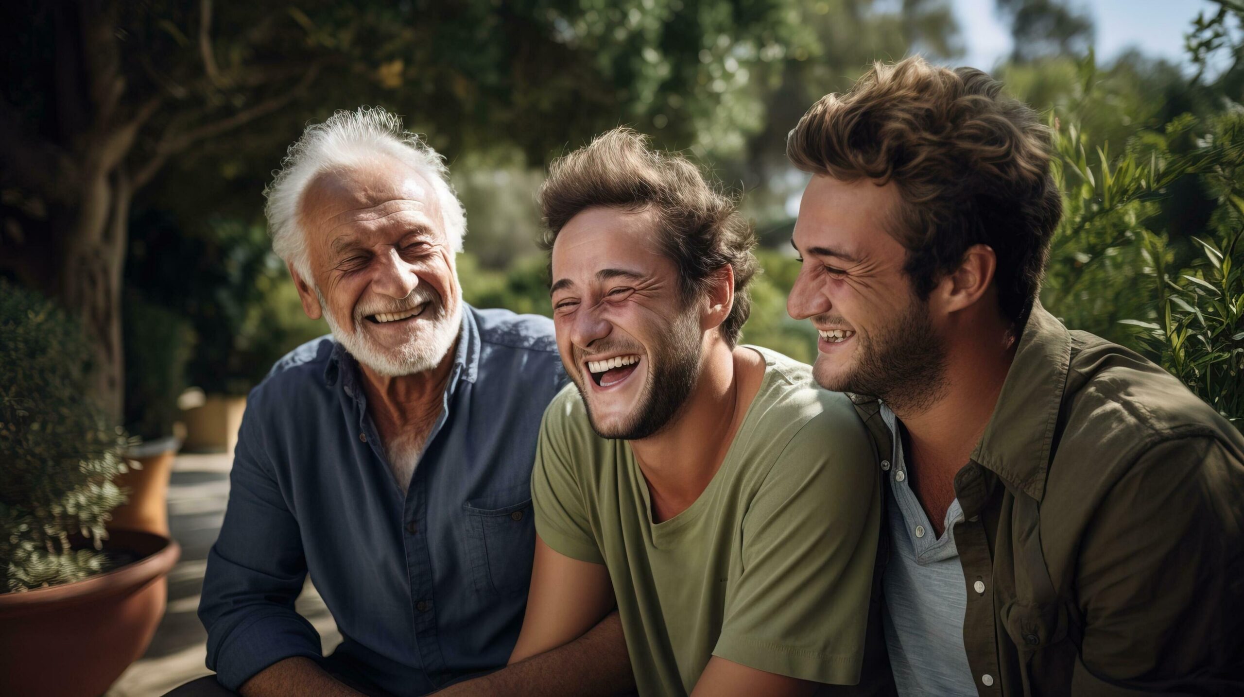 Cheerful portrait of three generations of Caucasian men, all smiling. Generative AI Free Photo