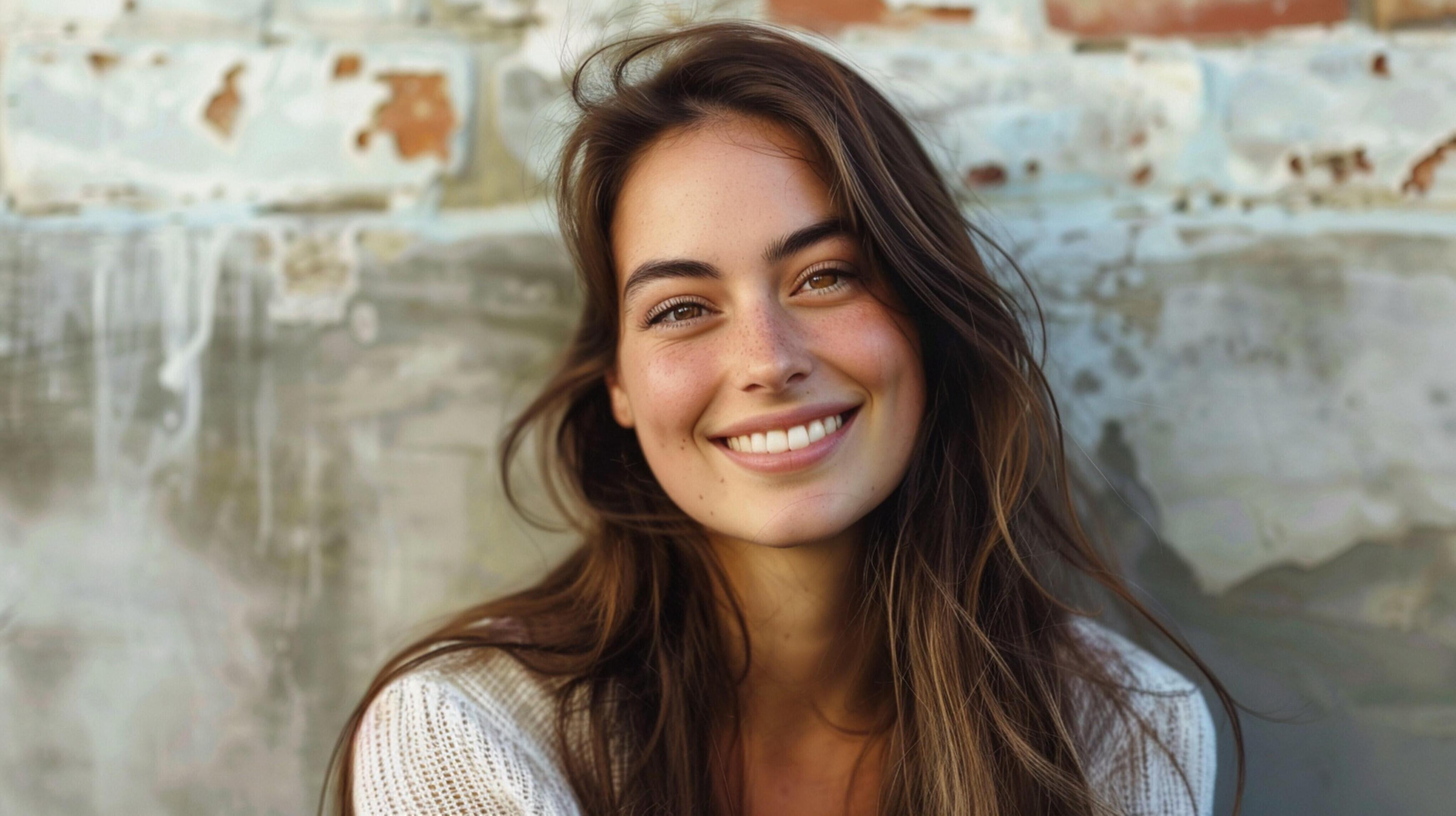 young woman with long brown hair smiling Stock Free