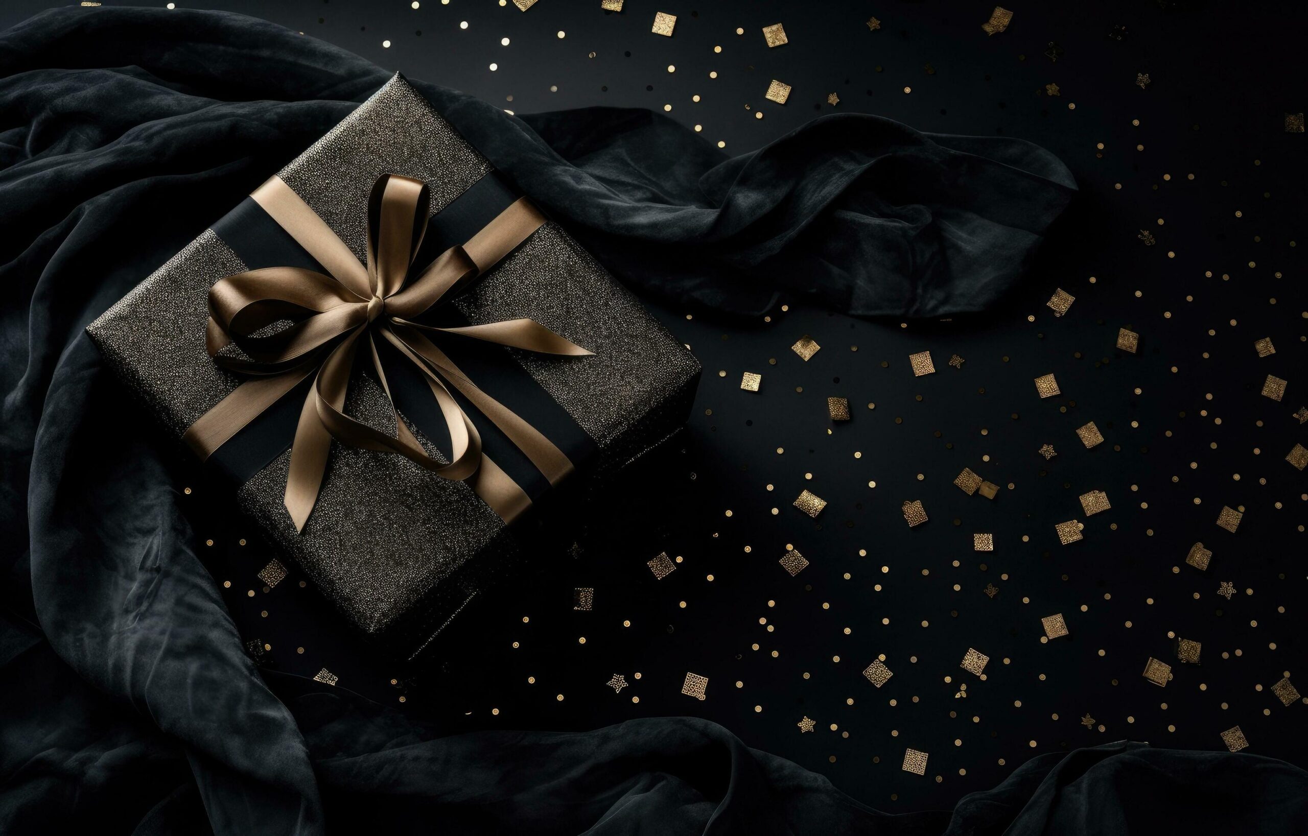 a christmas gift over a black background with gold confetti Free Photo