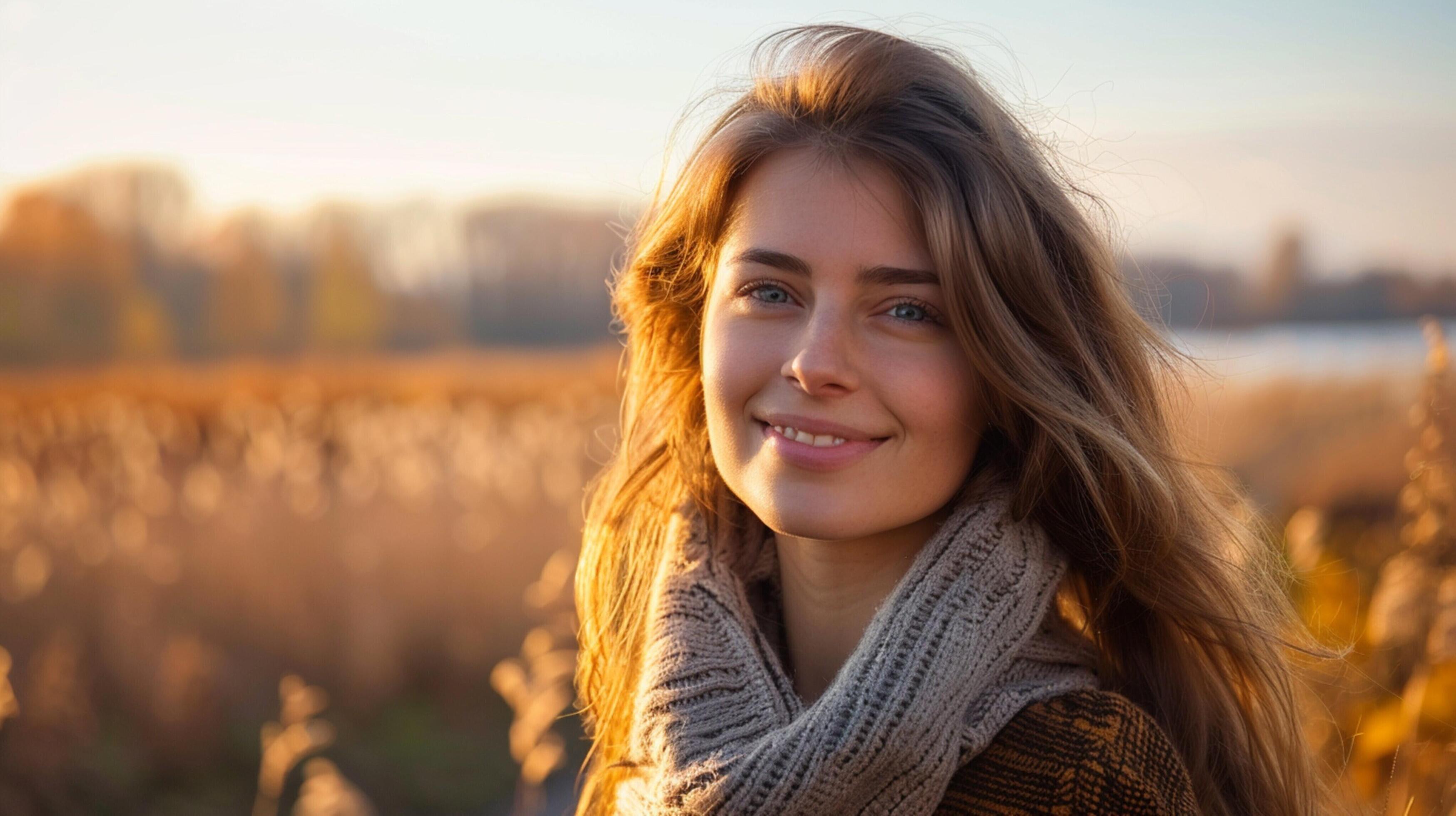 young woman outdoors looking at camera smiling Stock Free