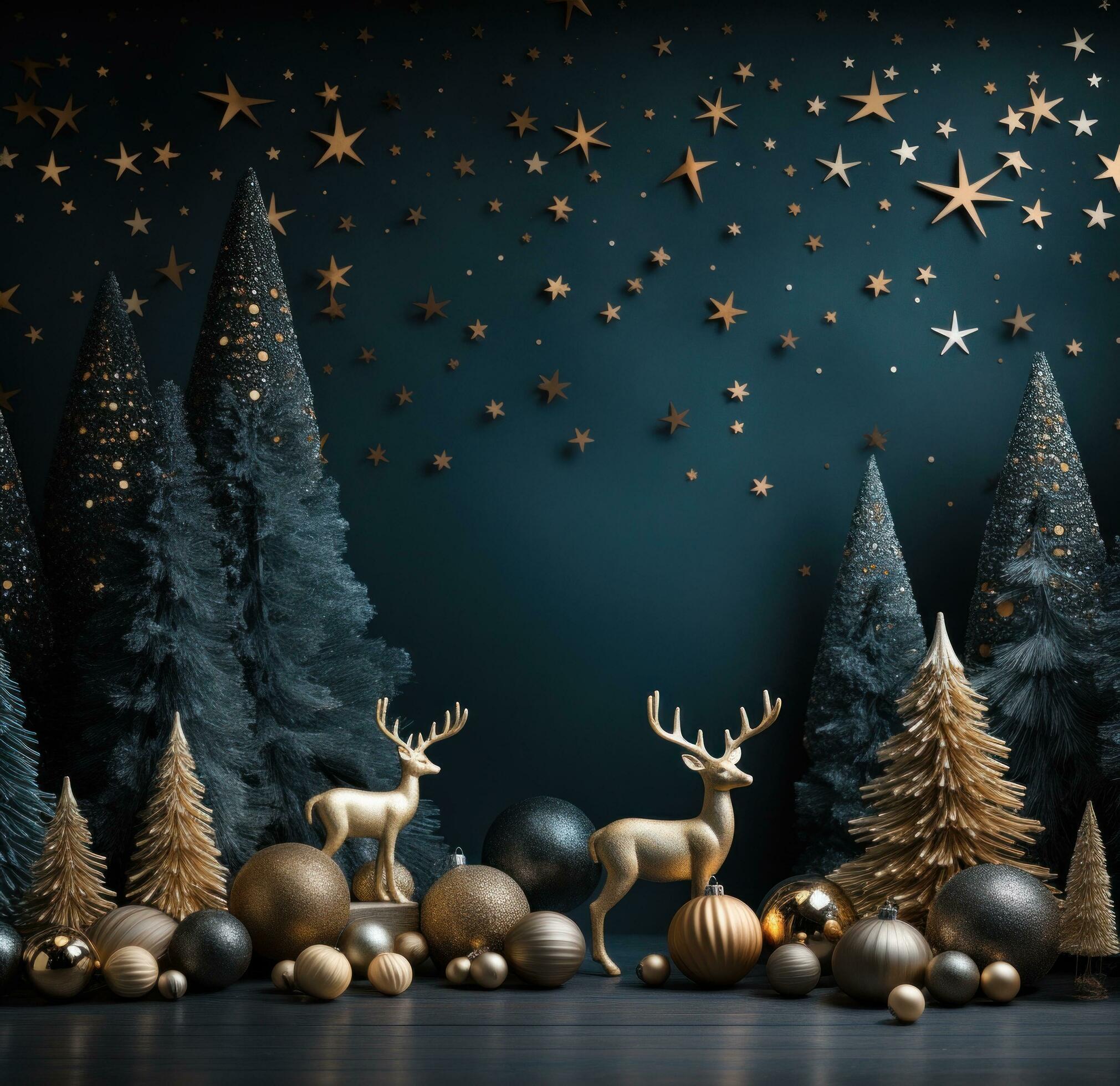 christmas holiday background with balls, reindeer, christmas lights, ornaments and stars Free Photo