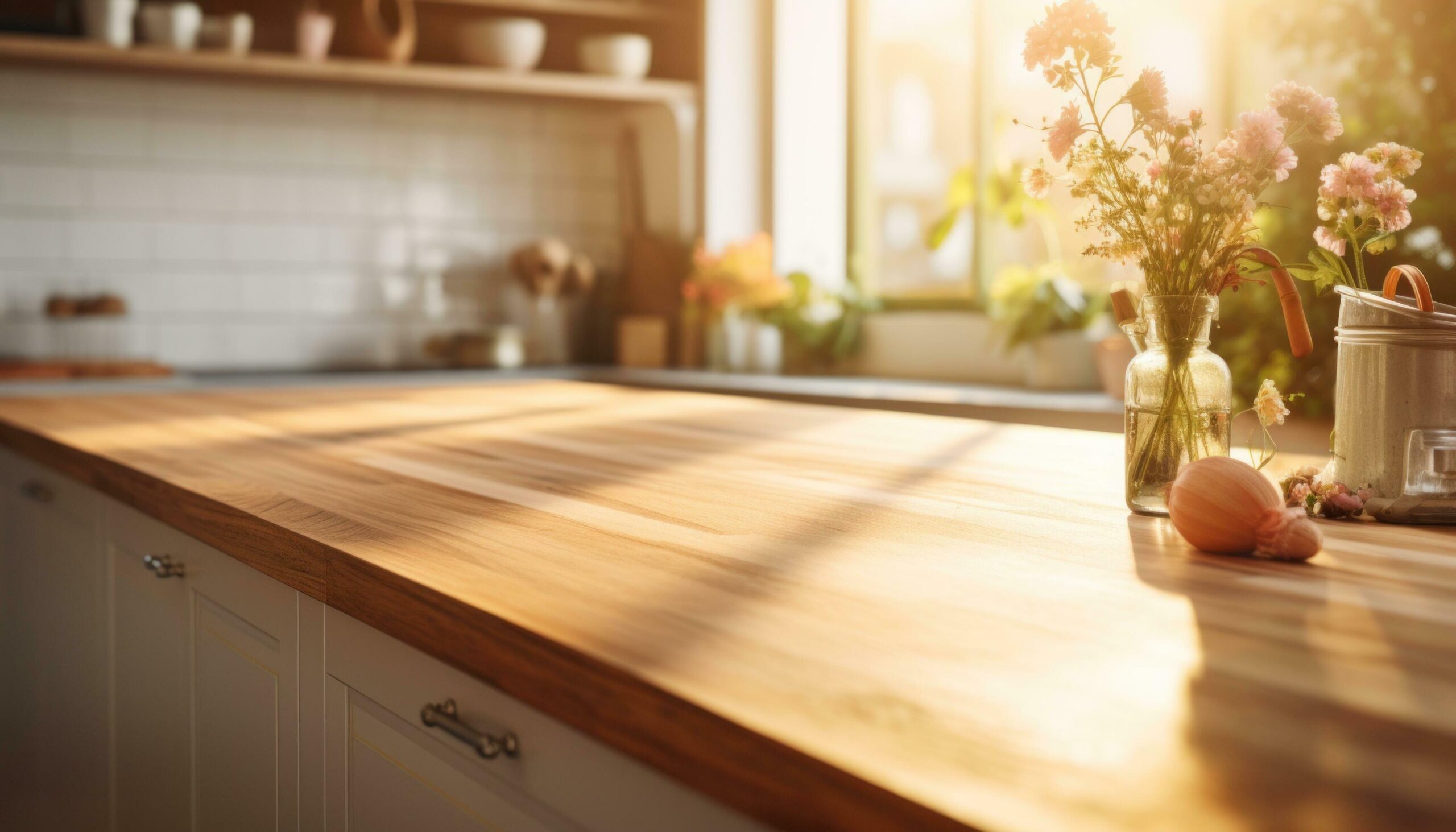 an elegant kitchen with wooden counter tops Free Photo