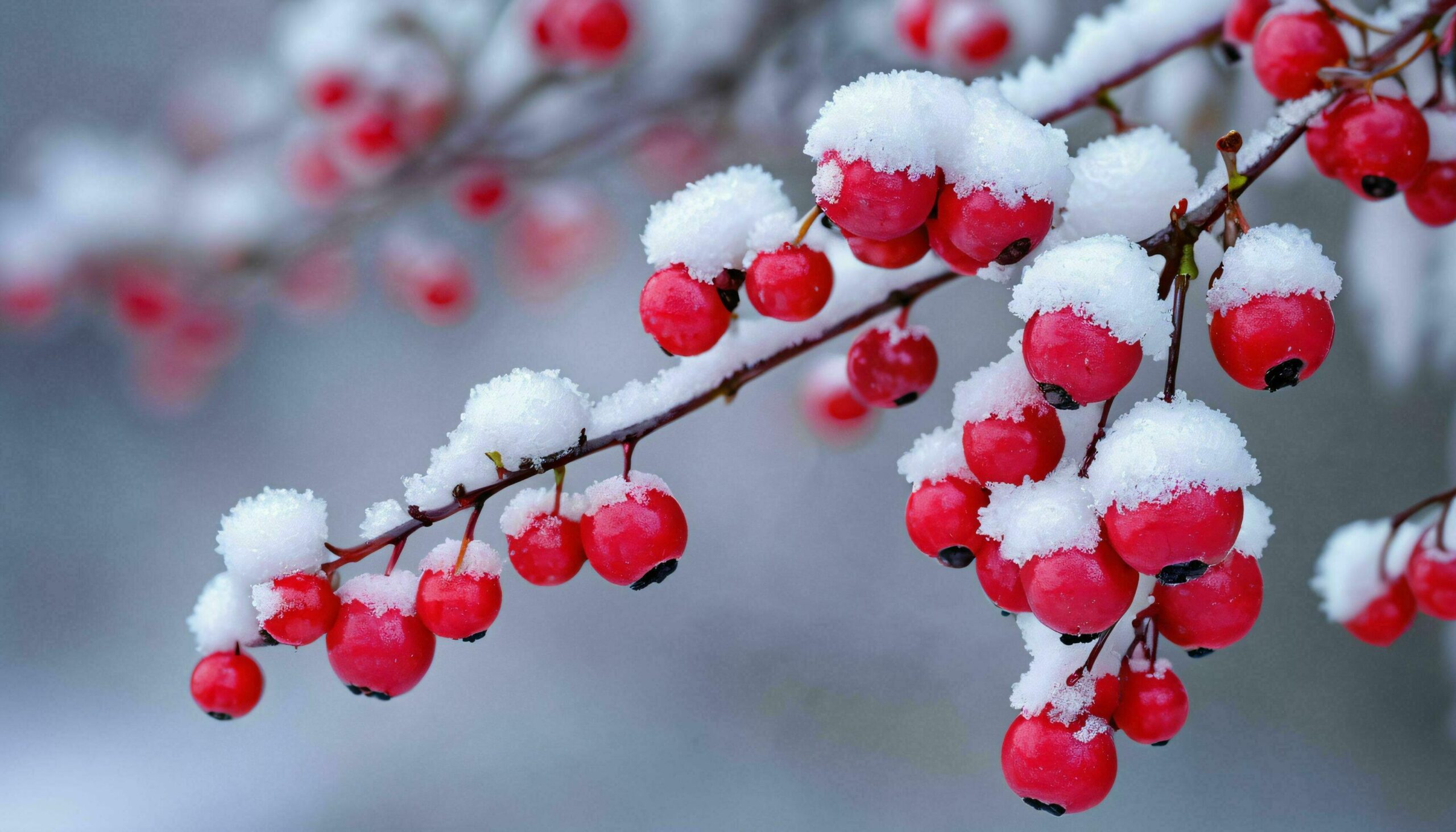 Snow Covered Red Berries Branch Free Photo