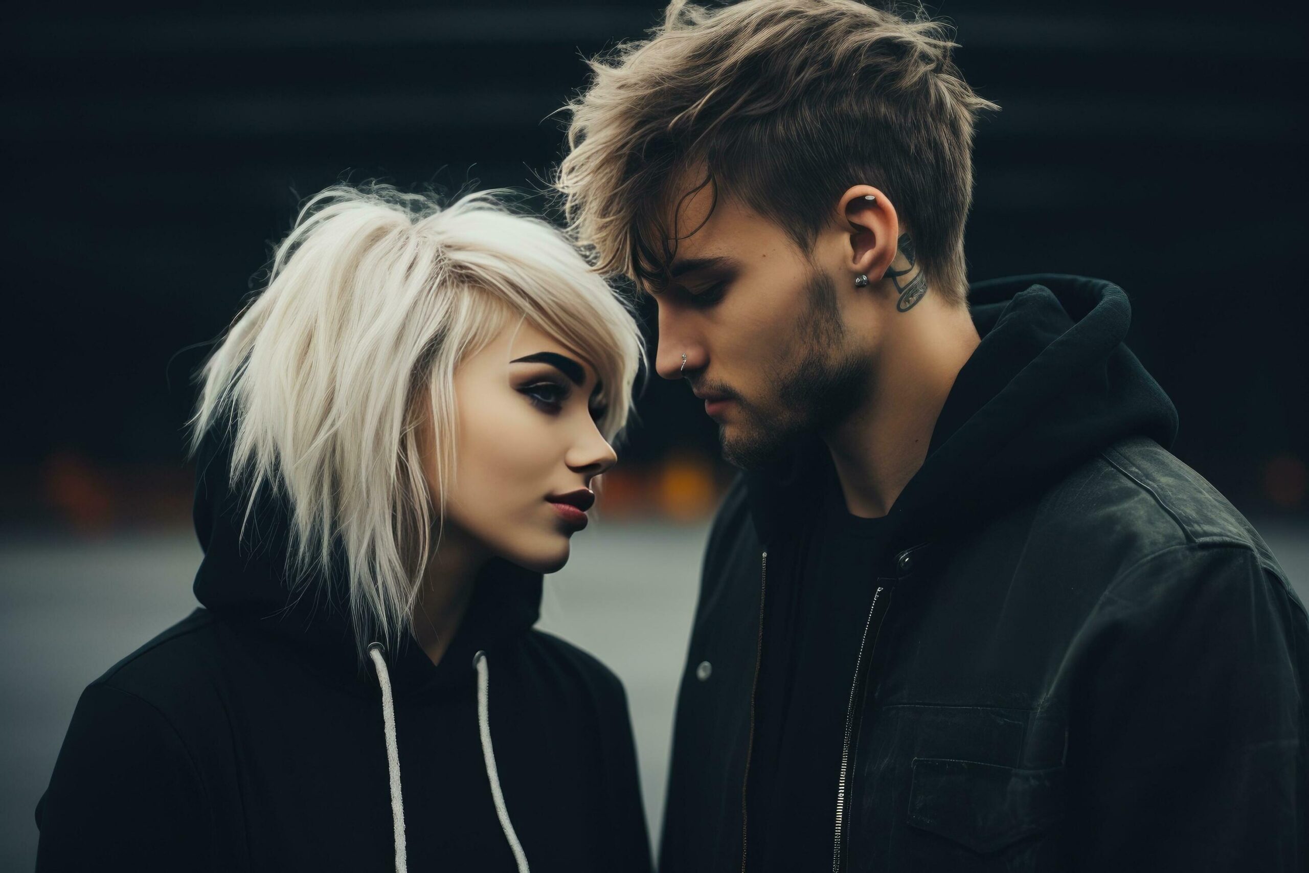 a man and woman are standing facing one another Free Photo