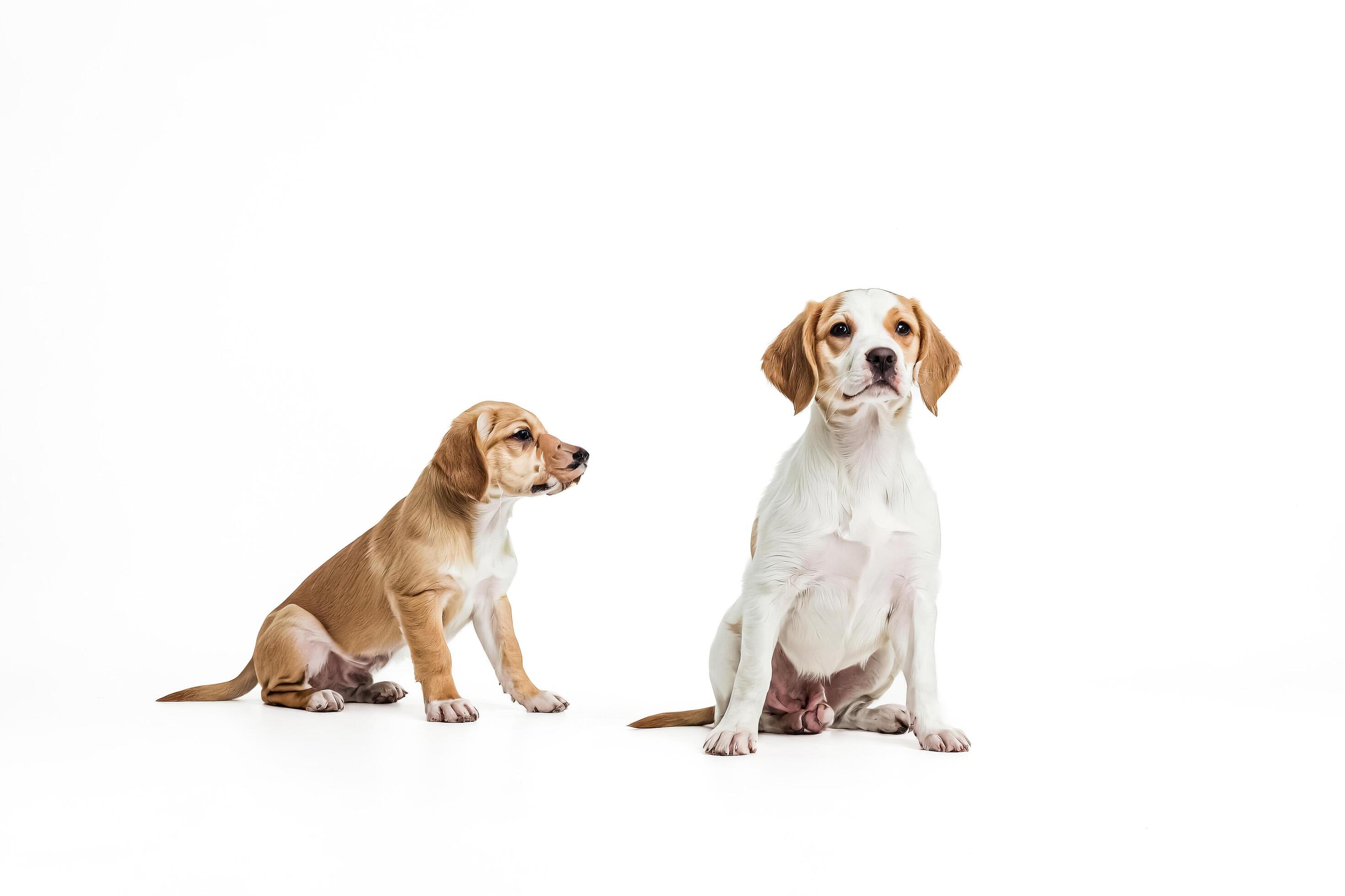 Two adorable puppies sitting on a white background Stock Free