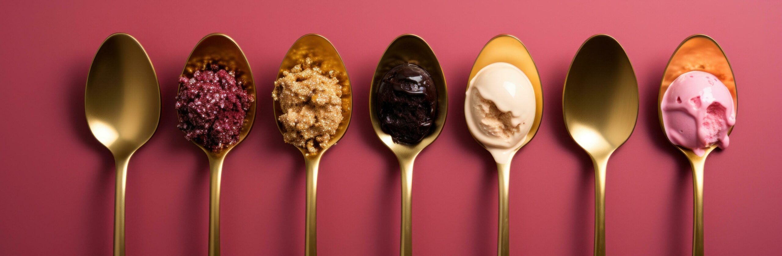 four spoons sitting on pink background with different flavors of ice cream Free Photo