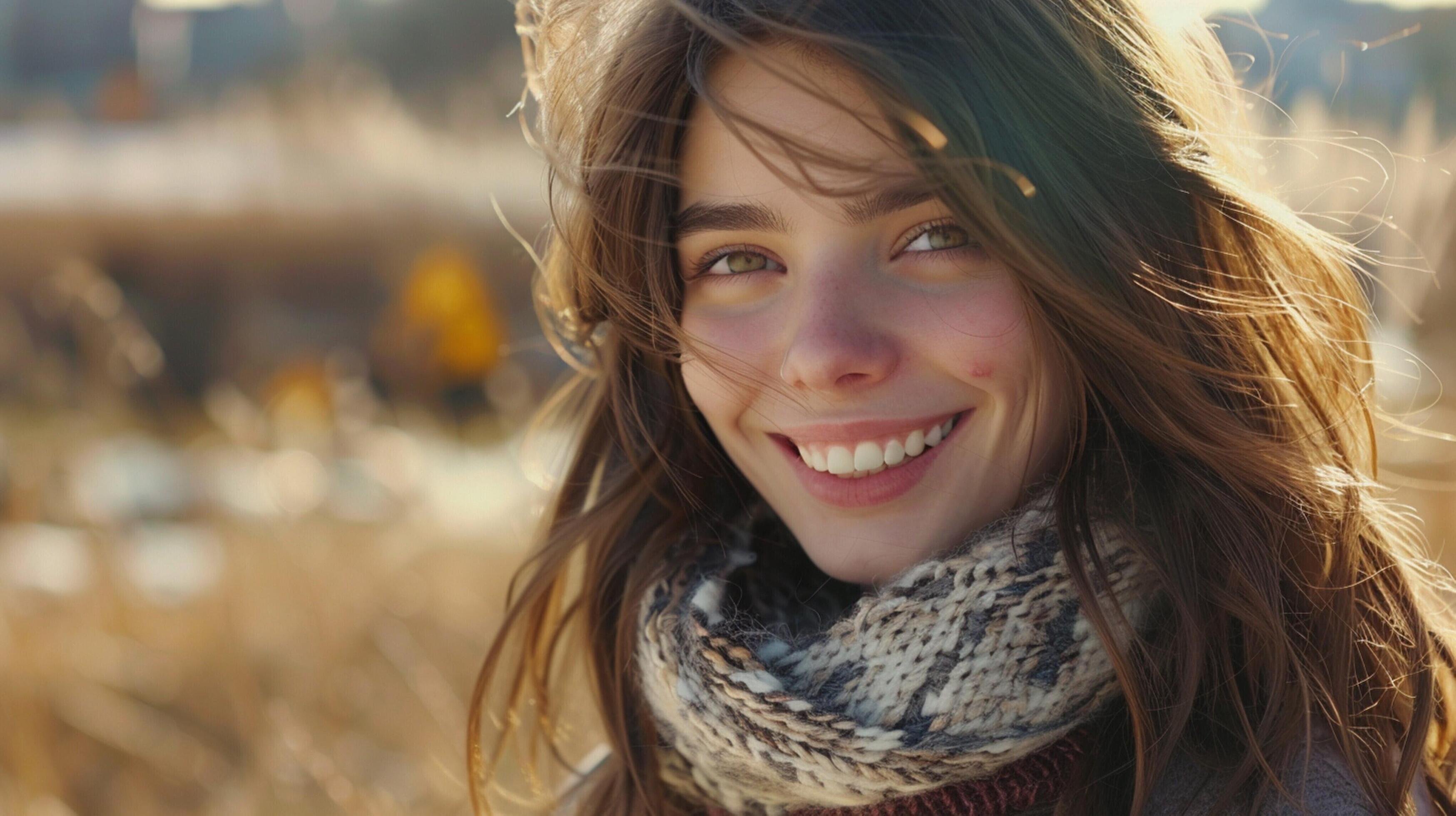 young woman with long brown hair smiling Stock Free