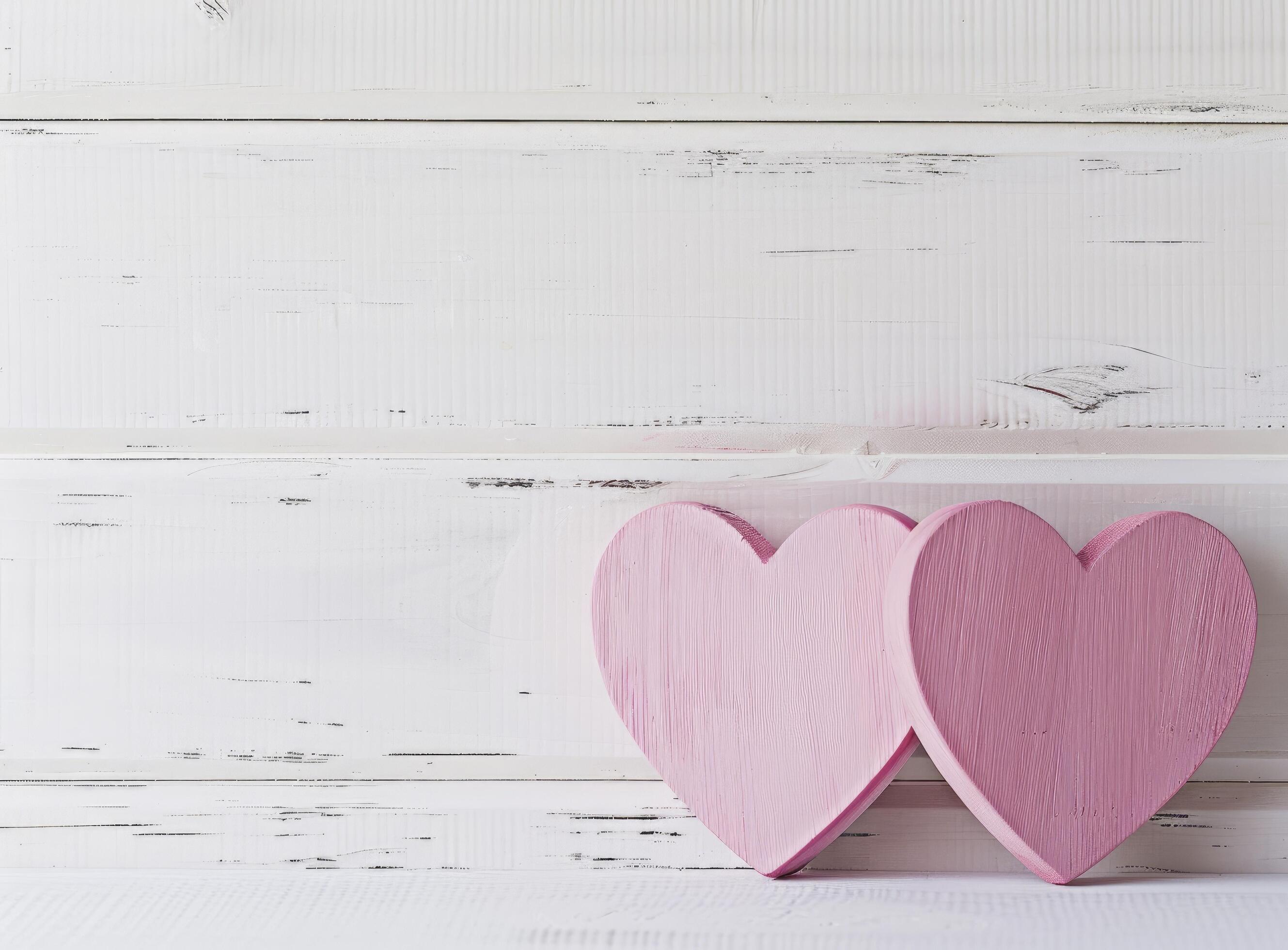 Two pink wooden hearts on a white wooden background Stock Free