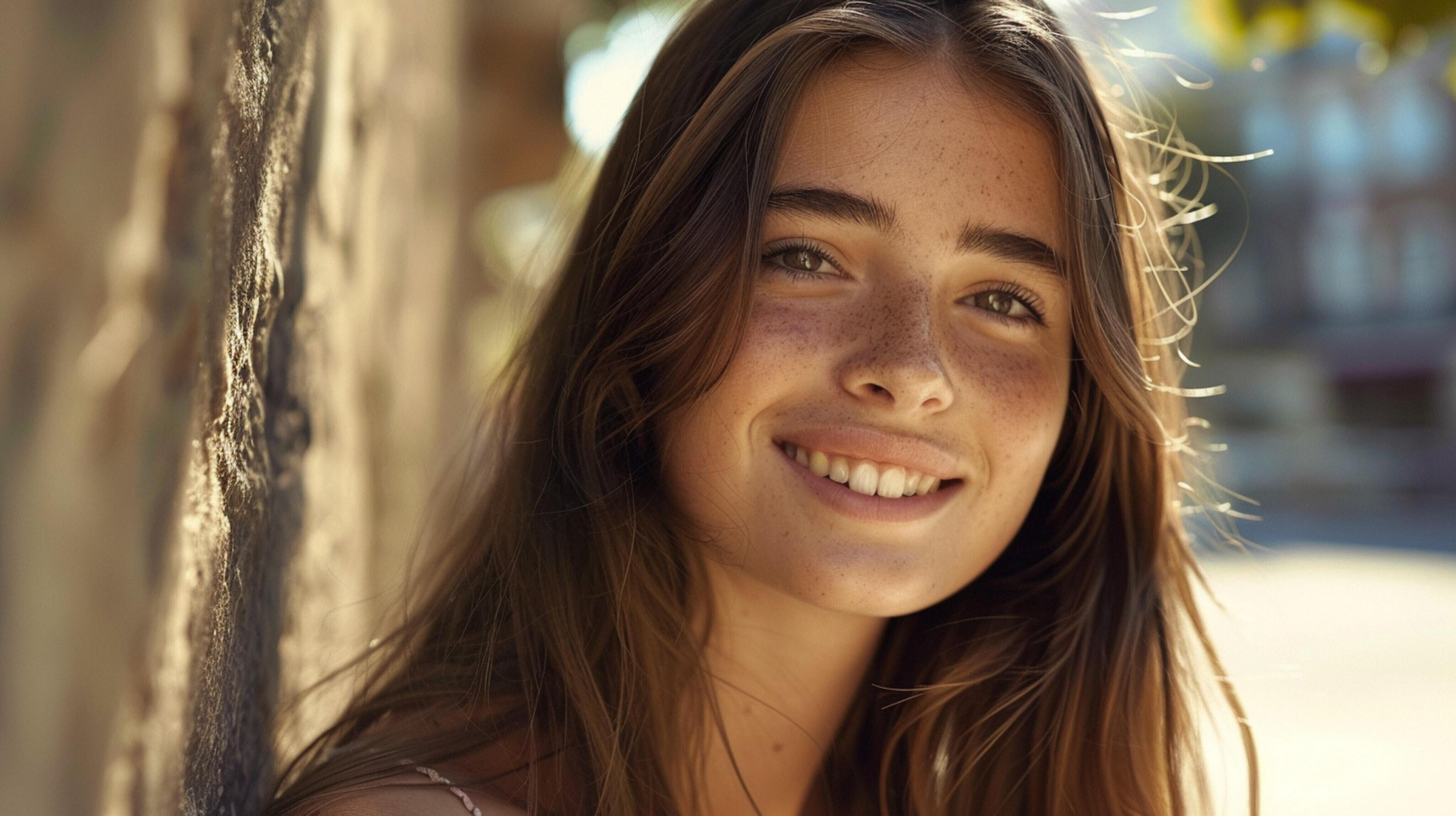 young woman with long brown hair smiling Stock Free