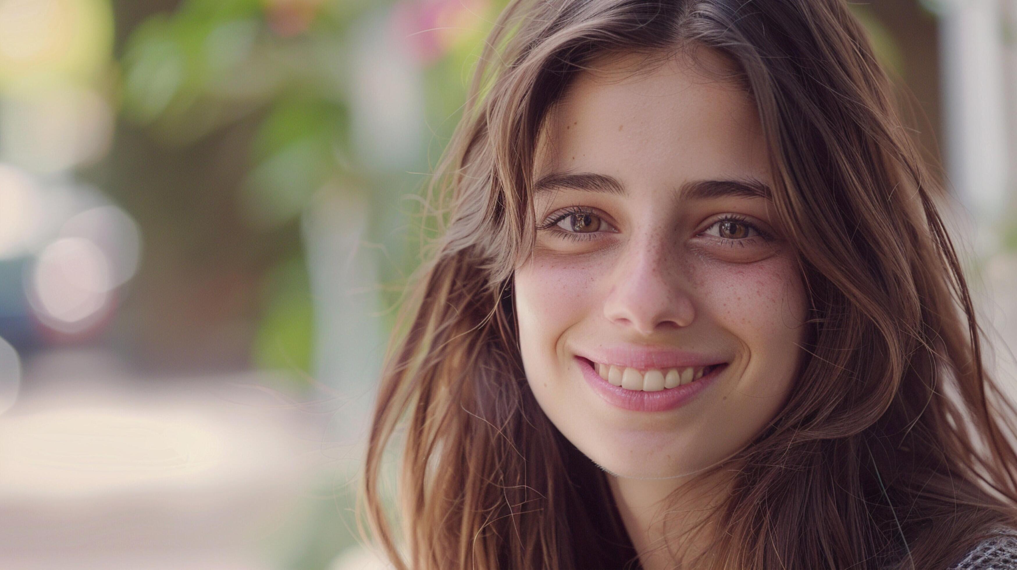 young woman with long brown hair smiling Stock Free