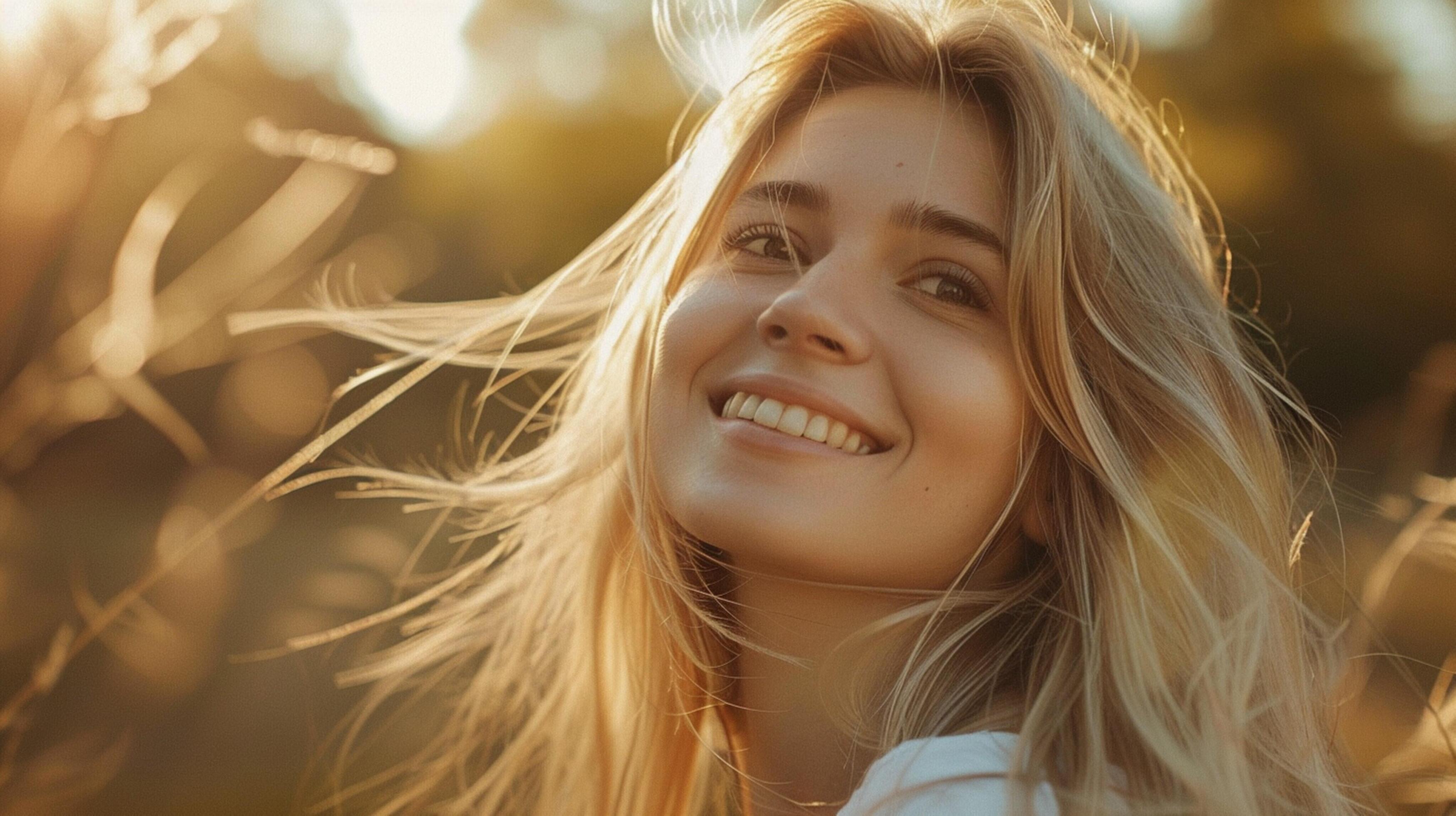 young woman with long blond hair smiling Stock Free