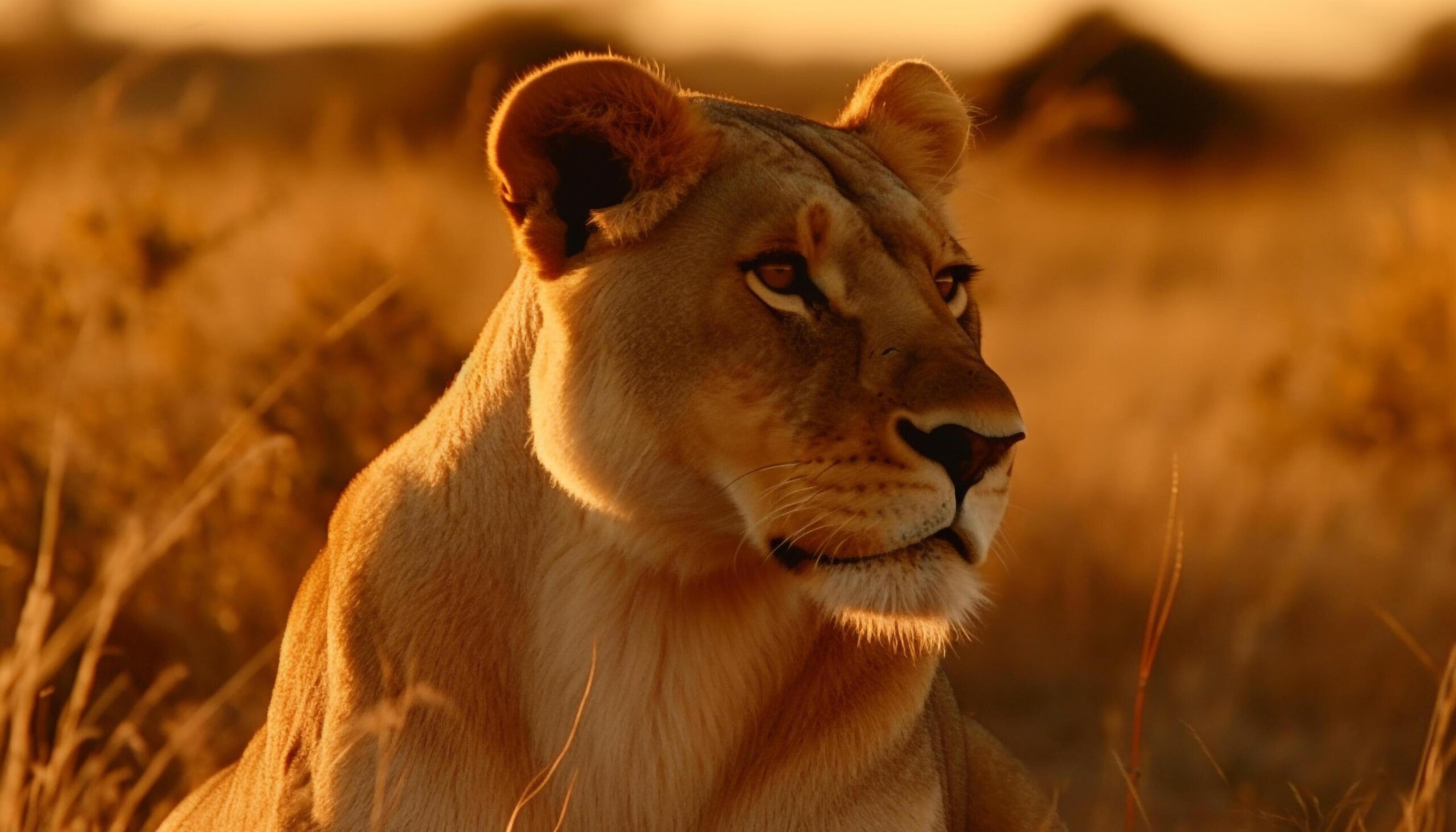 Majestic lioness walking in the savannah, gazing at the sunrise generated by AI Free Photo