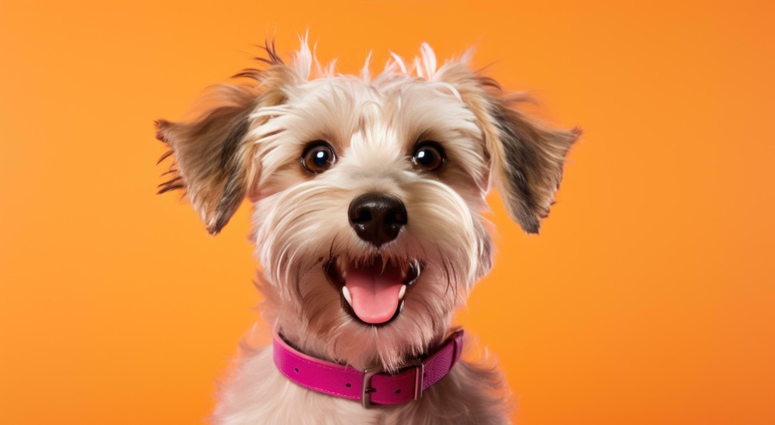 canine smiling in the front of an orange background Free Photo