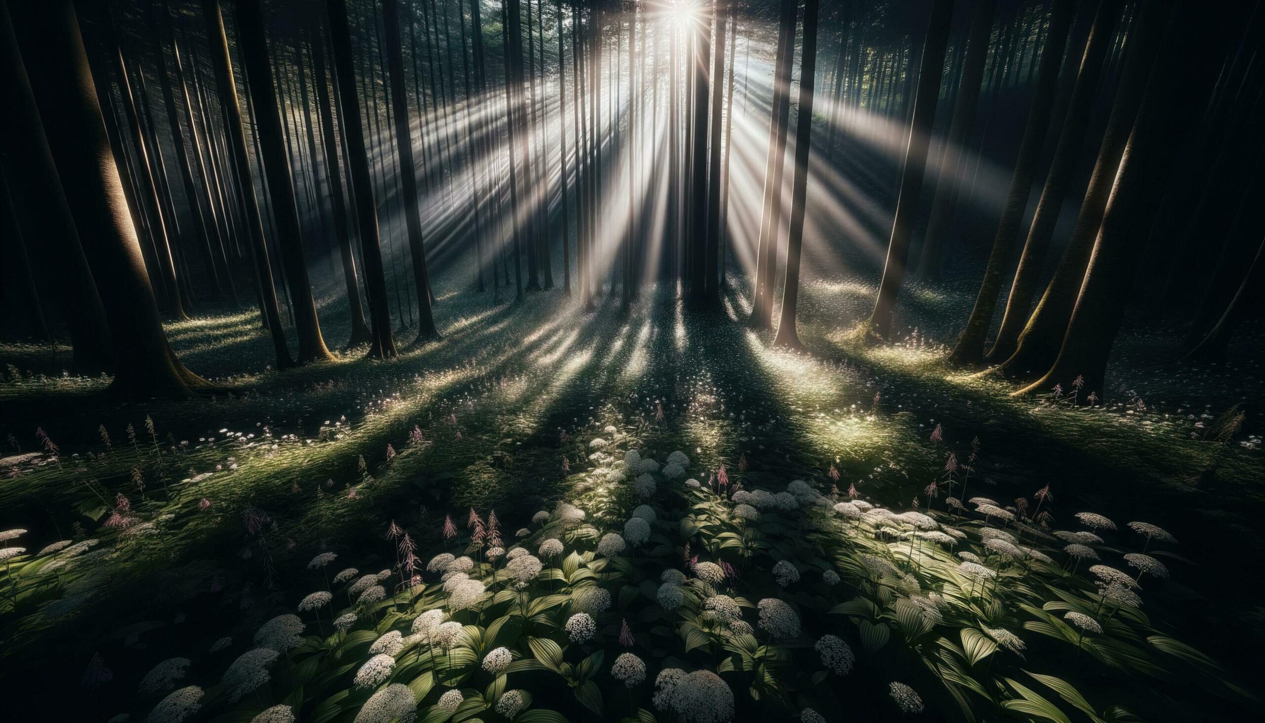 Sunbeams piercing through a dense canopy and illuminating the wildflowers beneath. Generative AI Free Photo