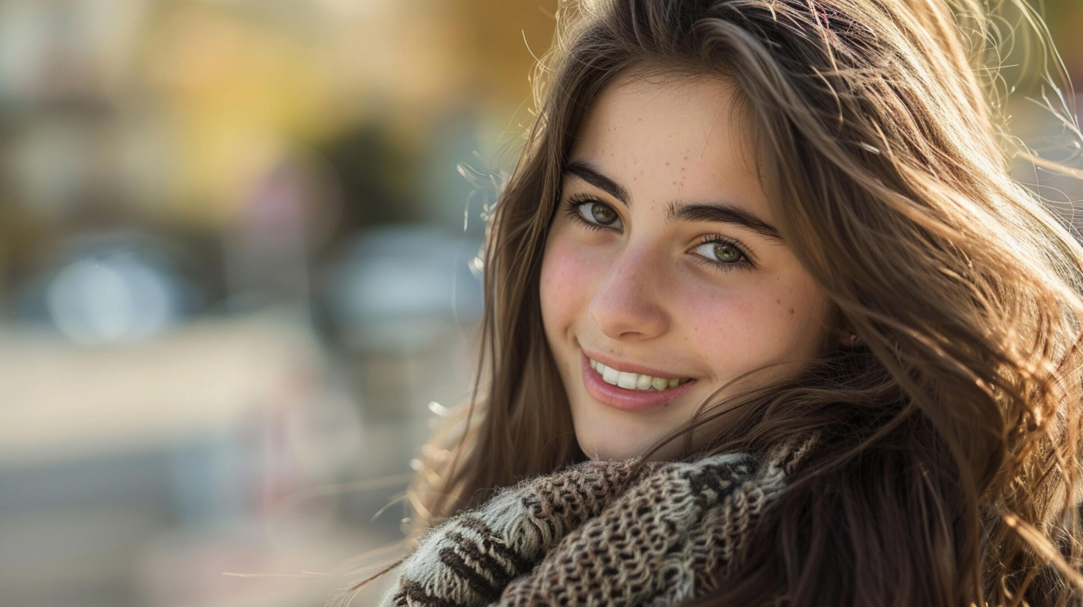 young woman with long brown hair smiling Stock Free