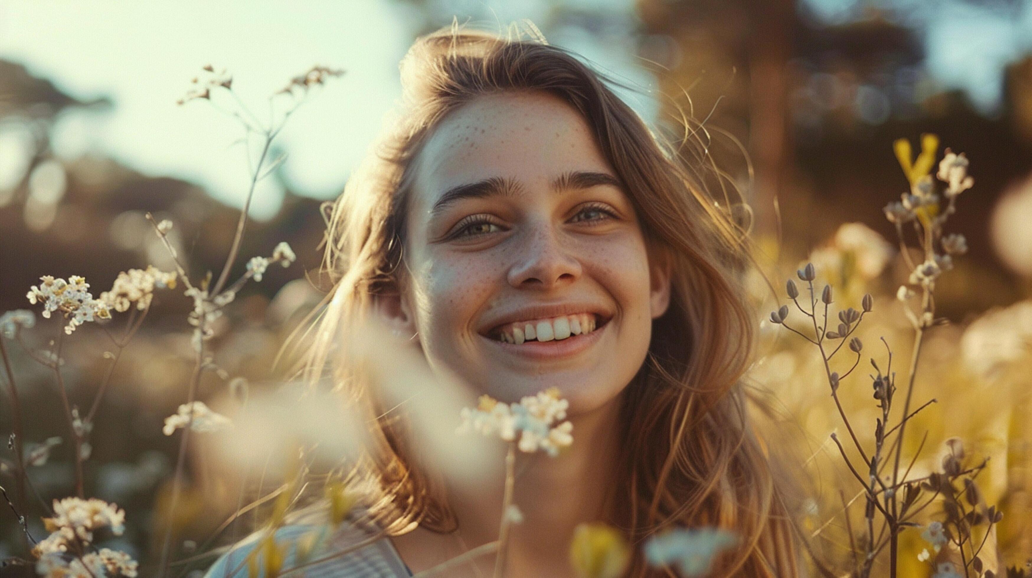 young woman smiling looking at camera surrounded Stock Free