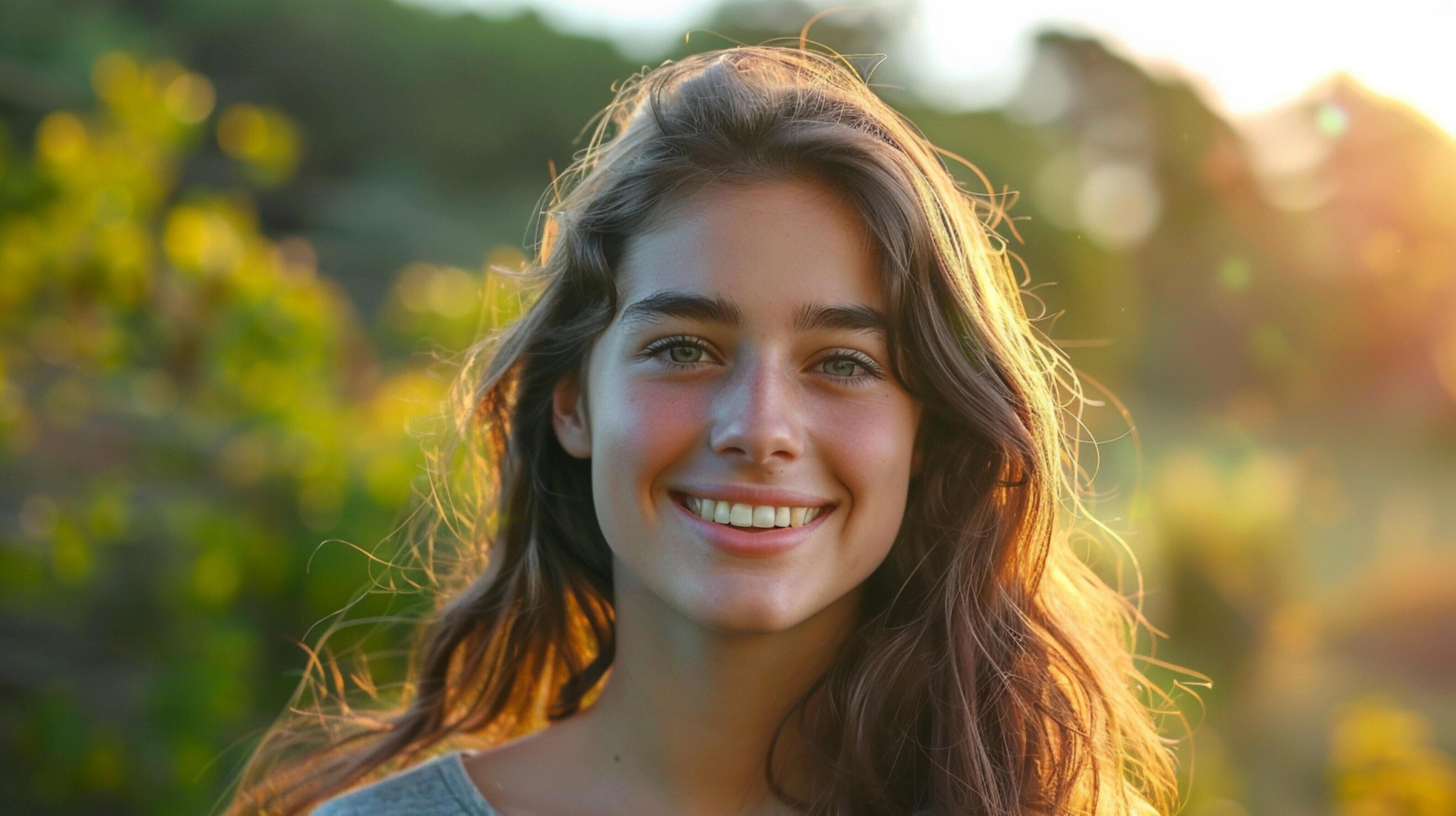 young woman outdoors looking at camera smiling Stock Free