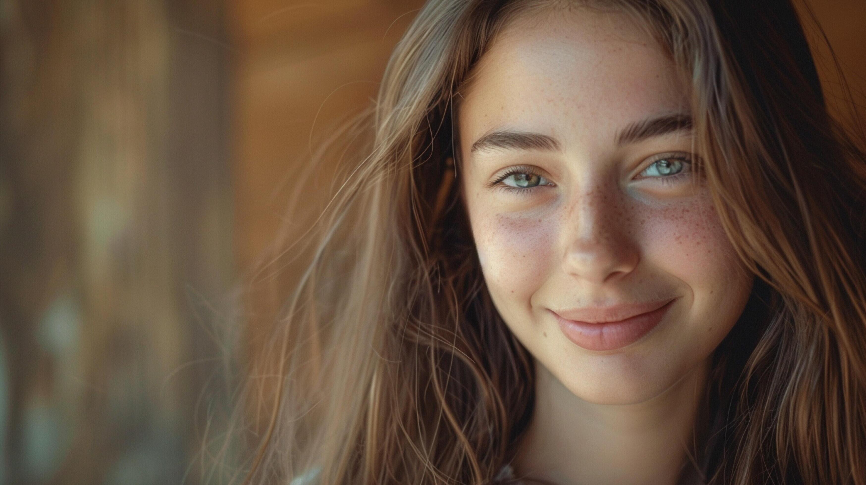 young woman with long brown hair smiling Stock Free