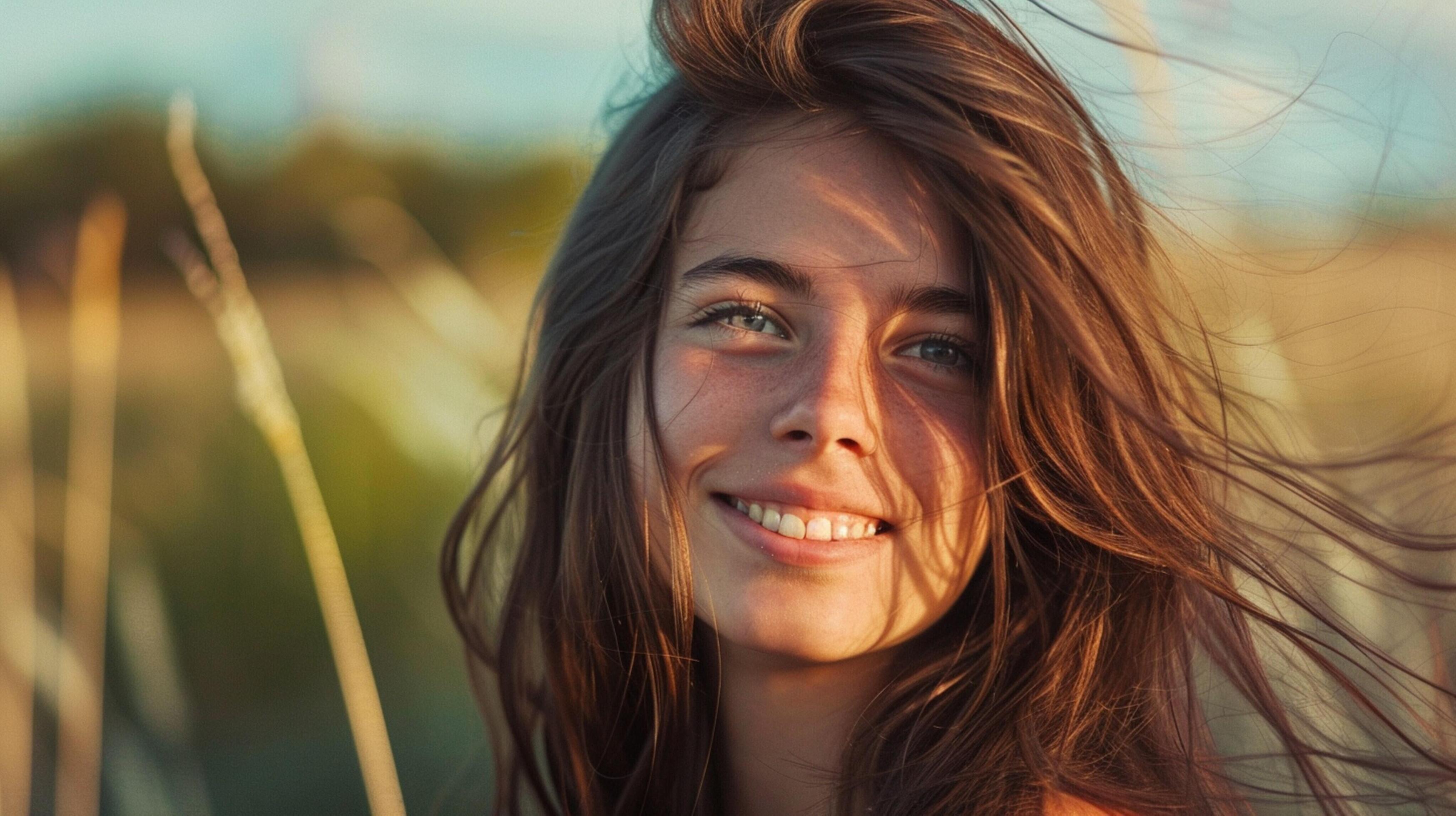 young woman with long brown hair smiling Stock Free