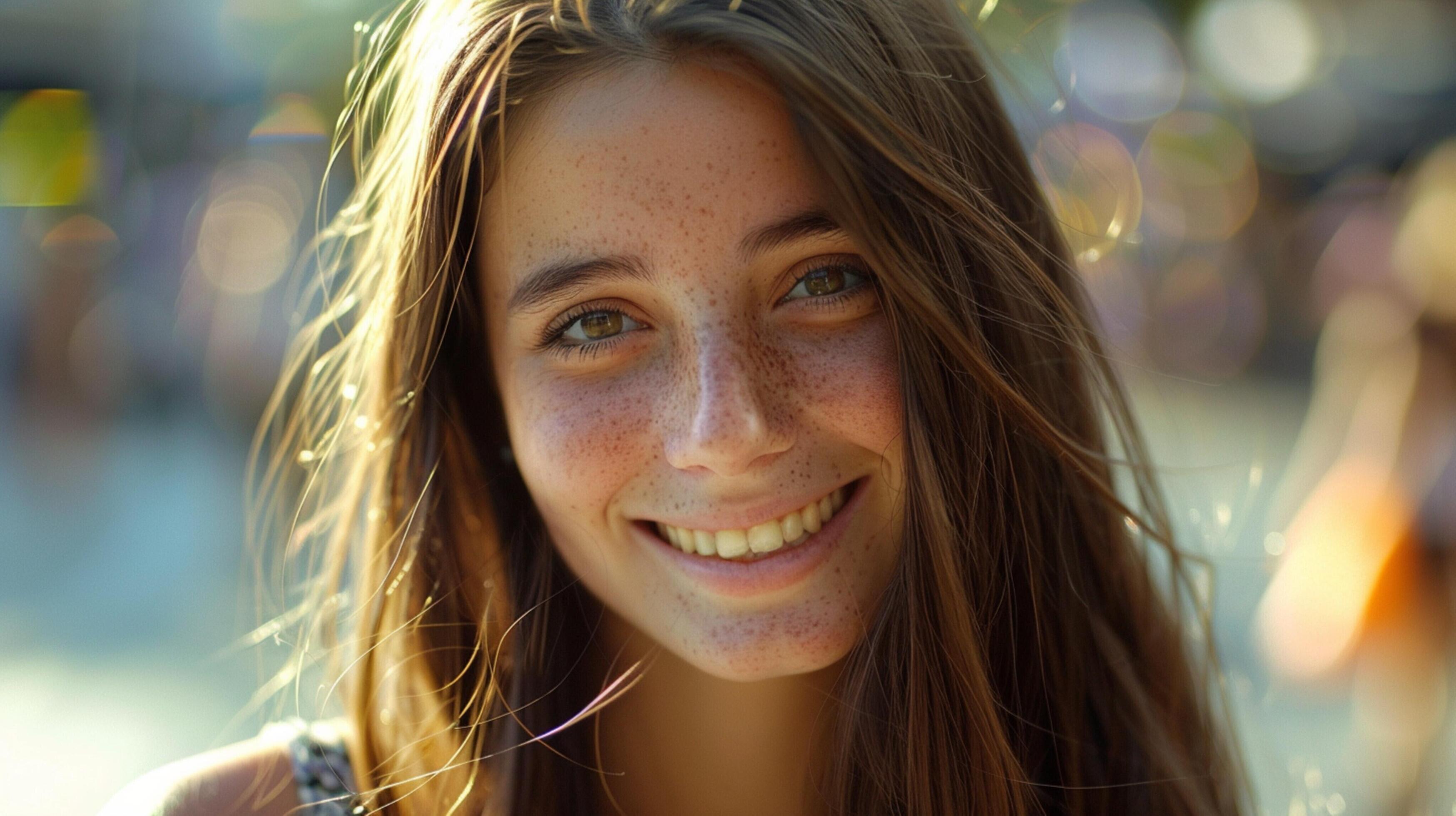 young woman with long brown hair smiling Stock Free