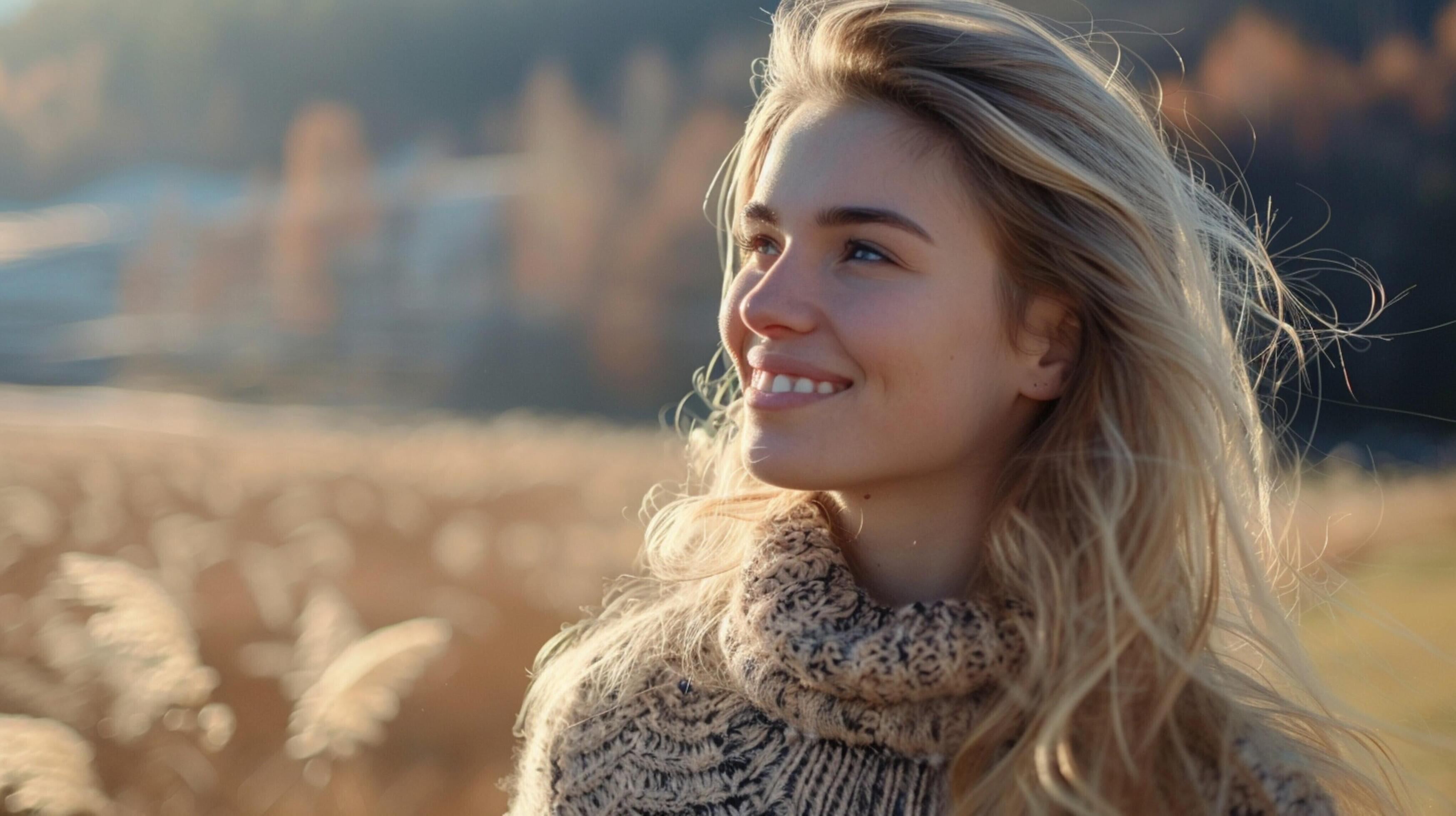 young woman with long blond hair smiling enjoying Stock Free