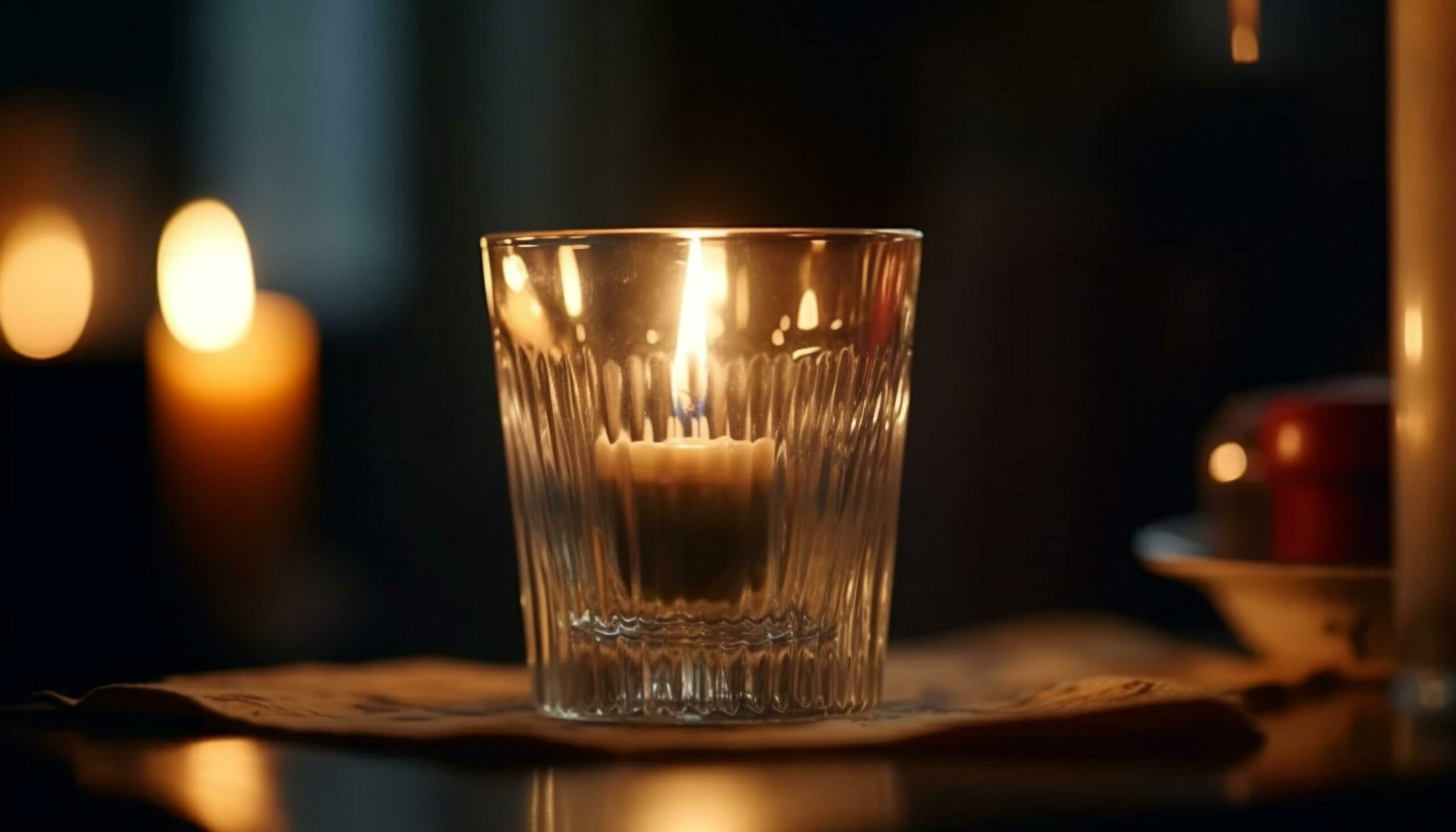 Flame illuminates table, glass of whiskey, candlelight, reflection in liquid generated by AI Free Photo