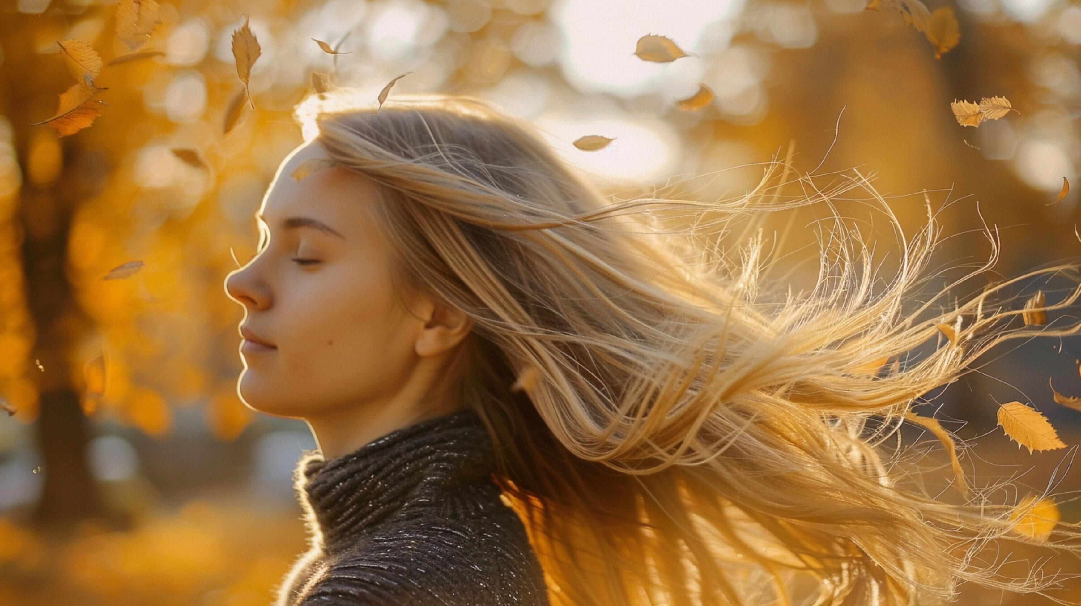 young woman with long blond hair enjoying autumn Stock Free