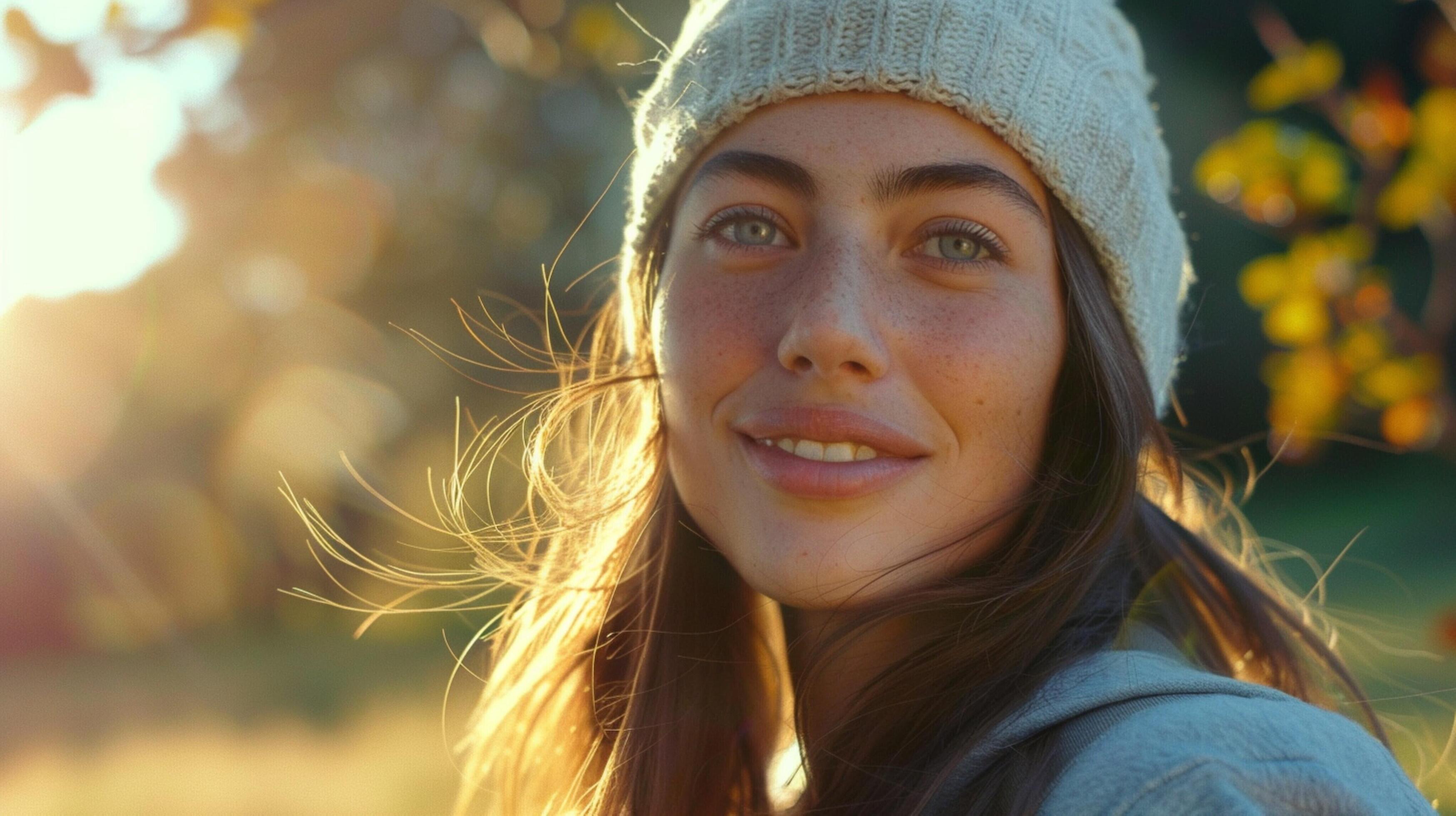 young woman outdoors looking at camera smiling Stock Free