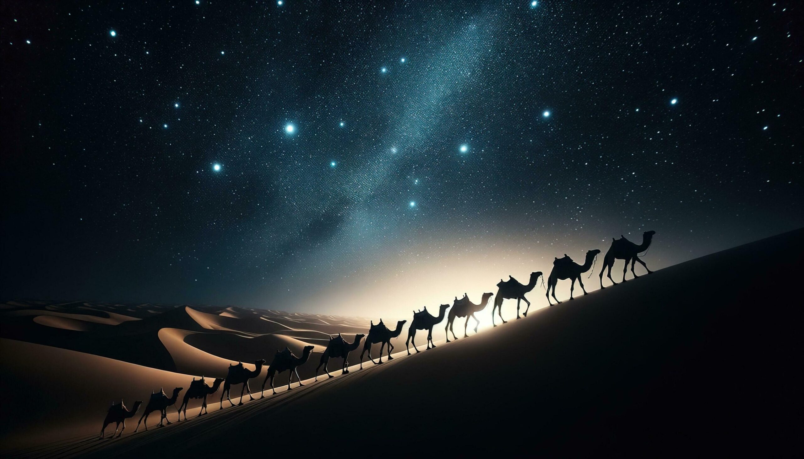 A camel caravan silhouetted against a starry desert sky. Generative AI Free Photo