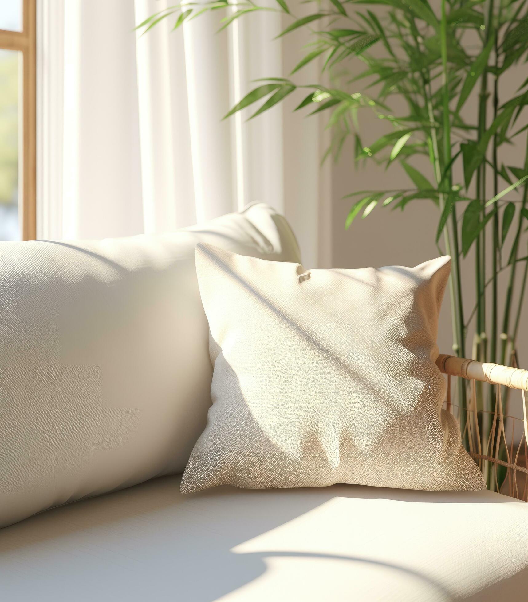 a white cushion on a couch with a bamboo leaf on it Free Photo