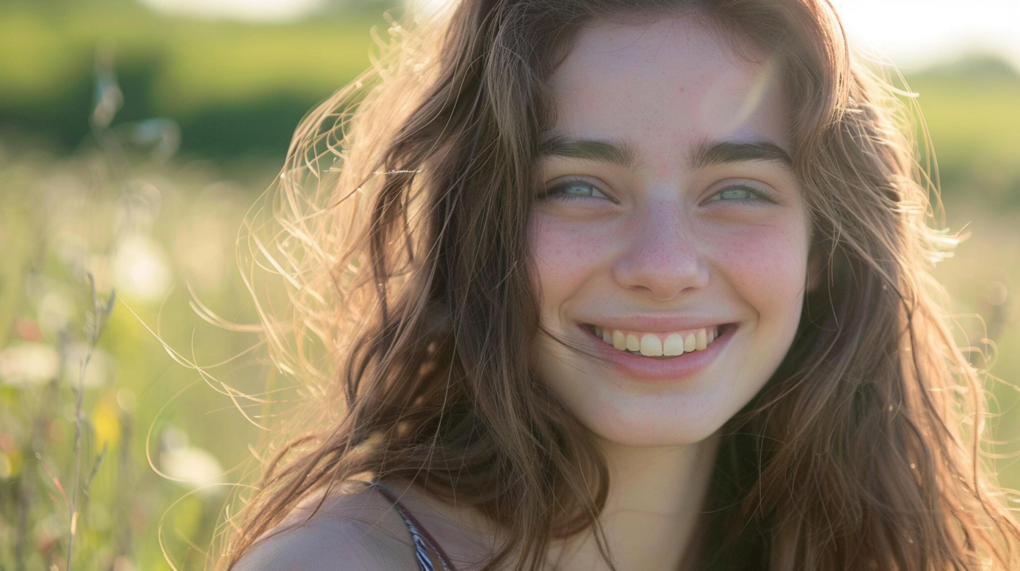 young woman with long brown hair smiling Stock Free