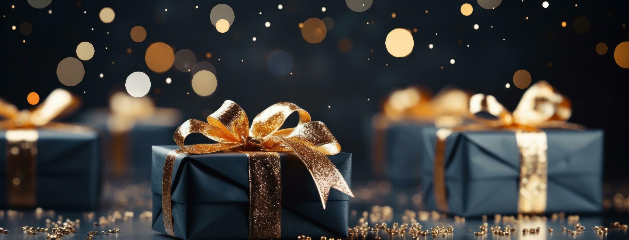 gifts wrapped in gold on a black background with sparkles Free Photo