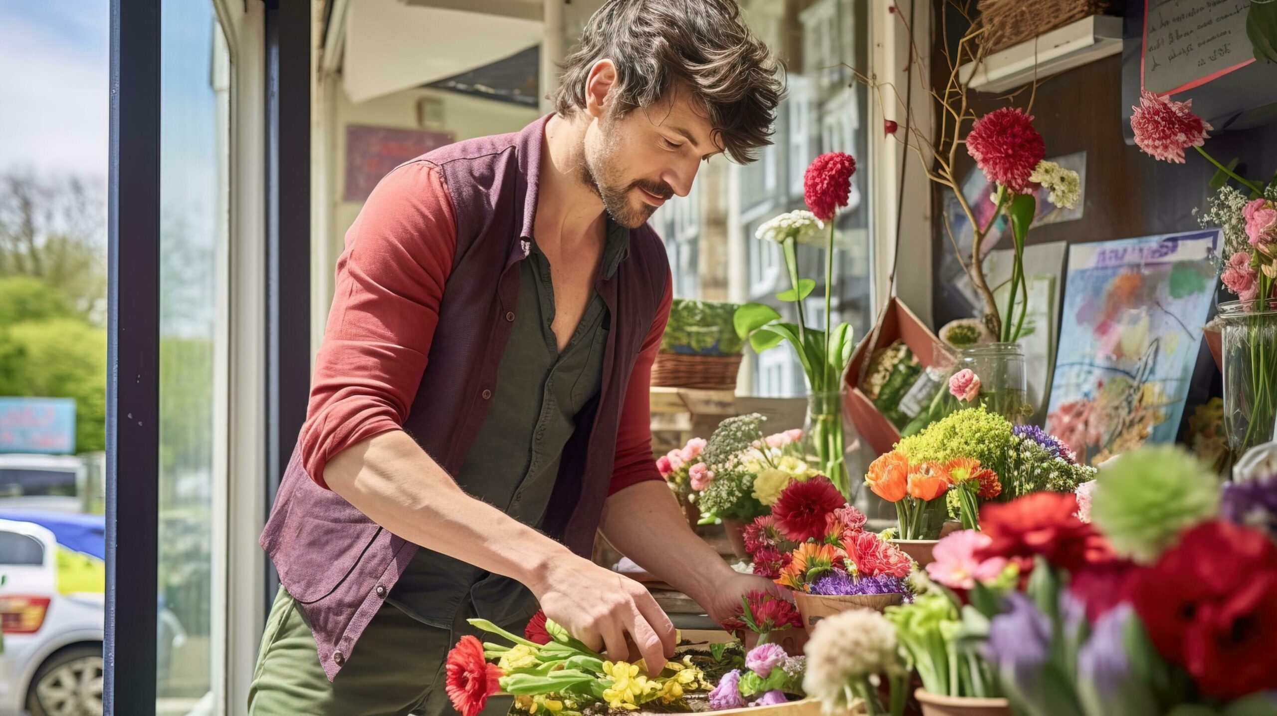 Young man buying bouquet from florist for someone special. Generative AI Free Photo