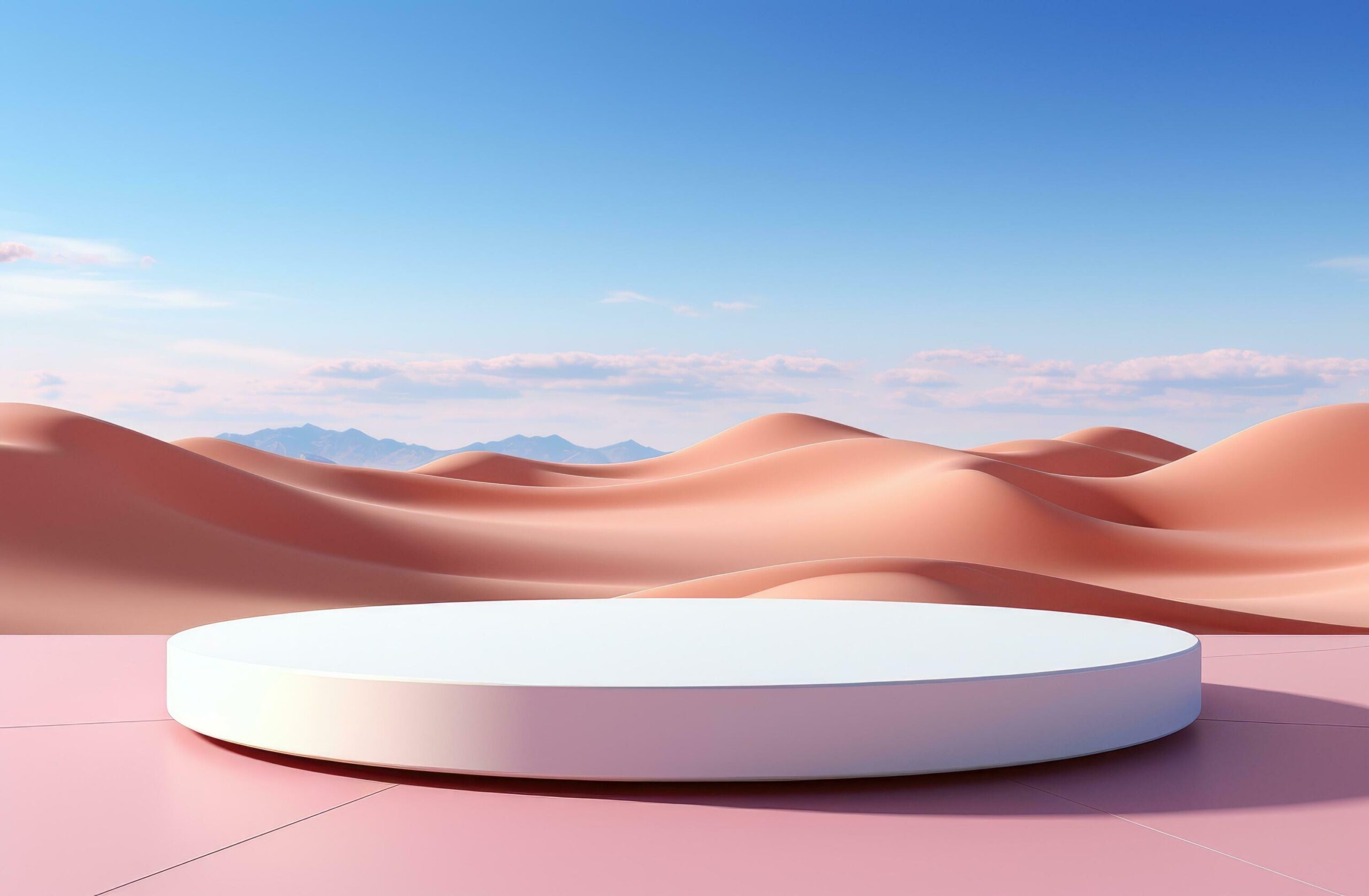 white platform with pink background on a desert landscape Free Photo