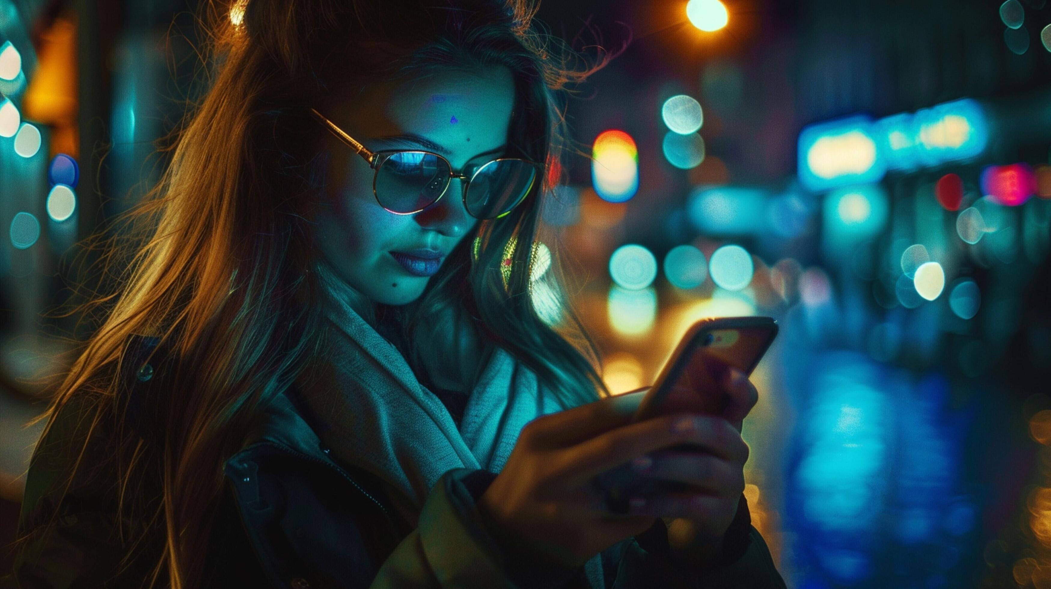 young woman illuminated night texting on phone Stock Free