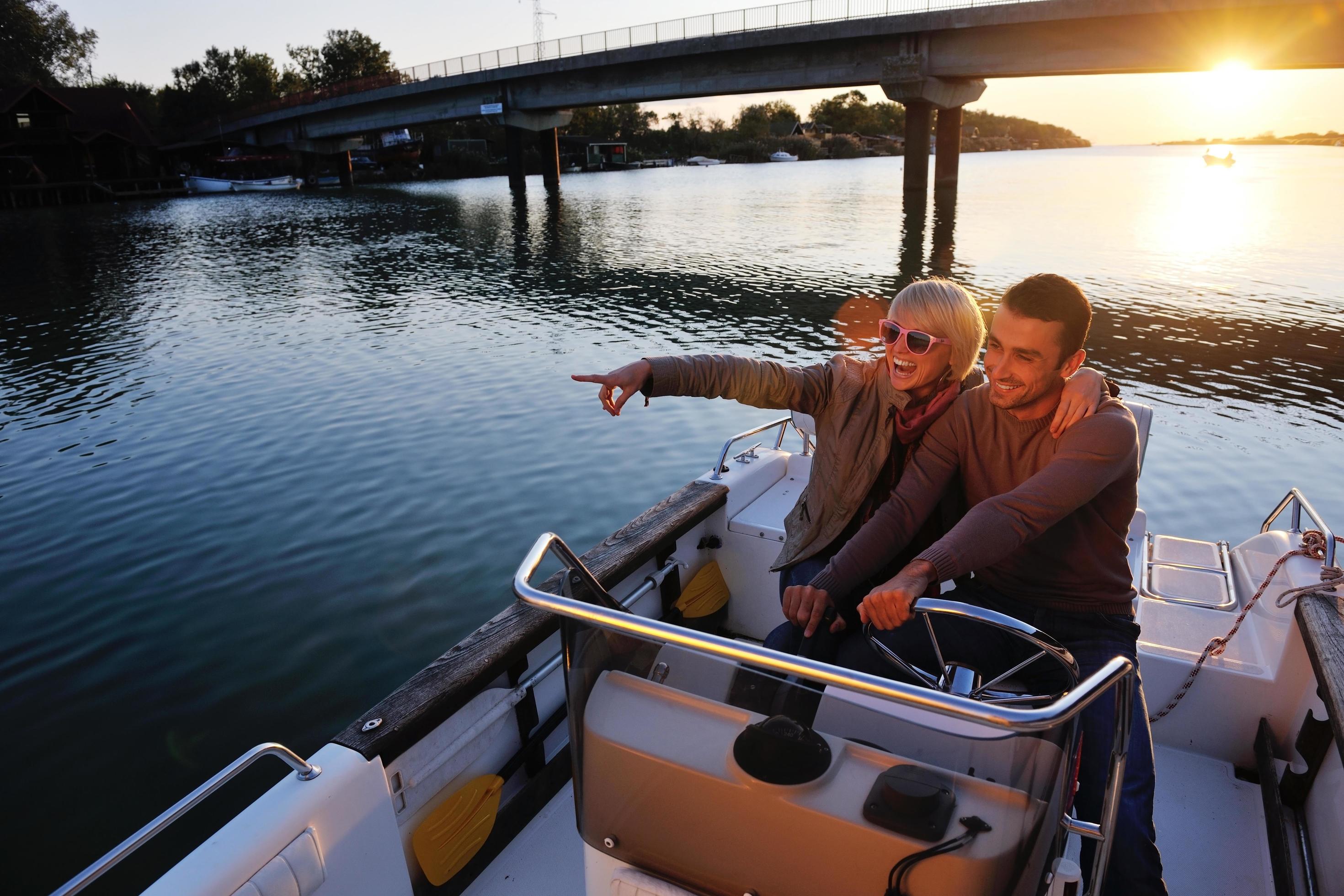 couple in love have romantic time on boat Stock Free