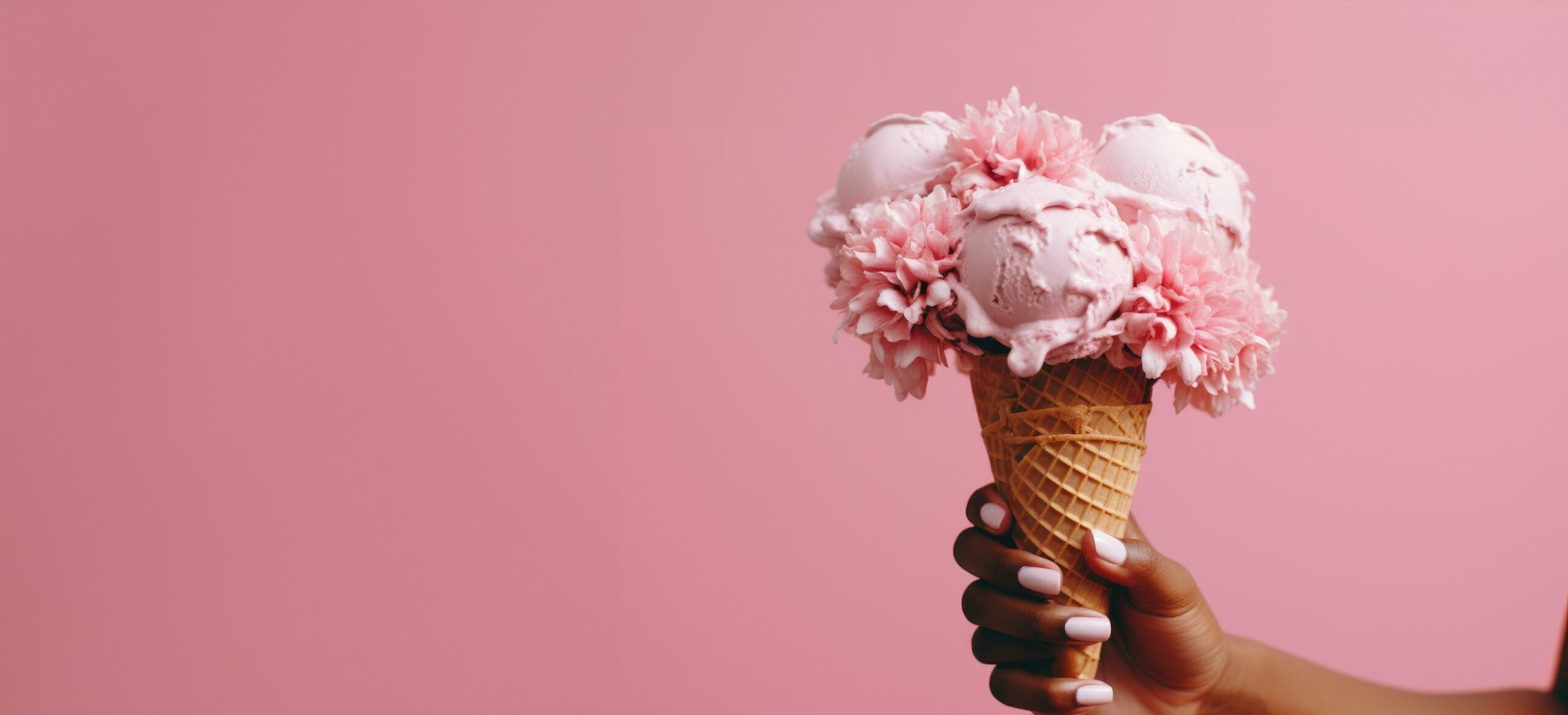 a hand holds a pink ice cream cone in front of a pink flower Free Photo