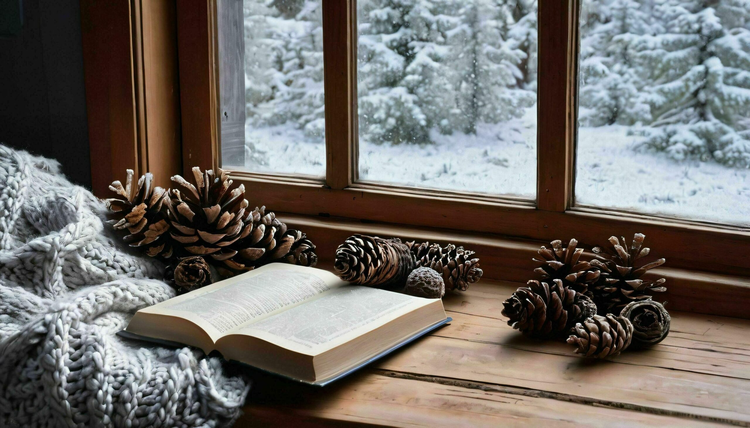 Open Book and Pines at Winter Window Sill Free Photo