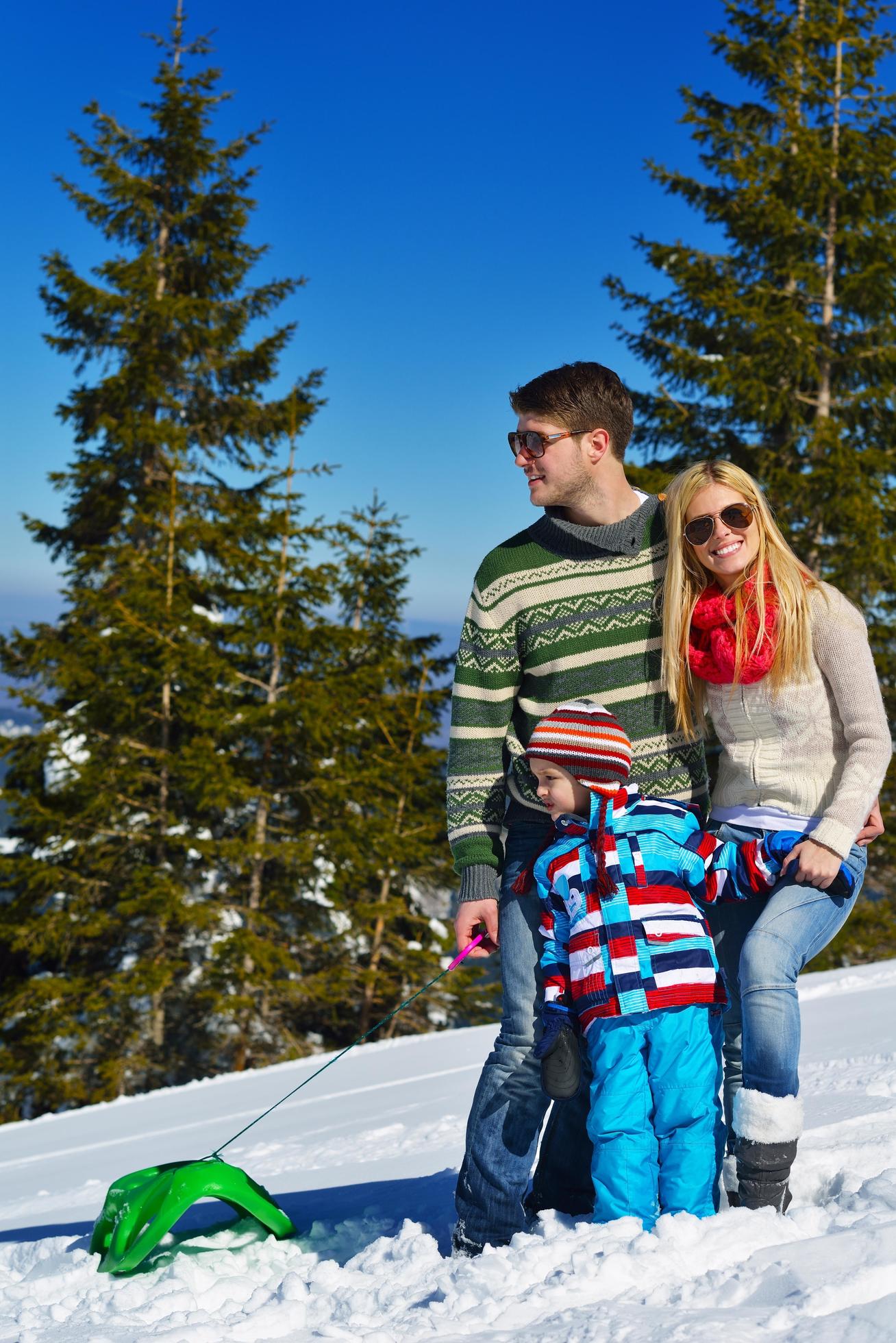 family having fun on fresh snow at winter Stock Free