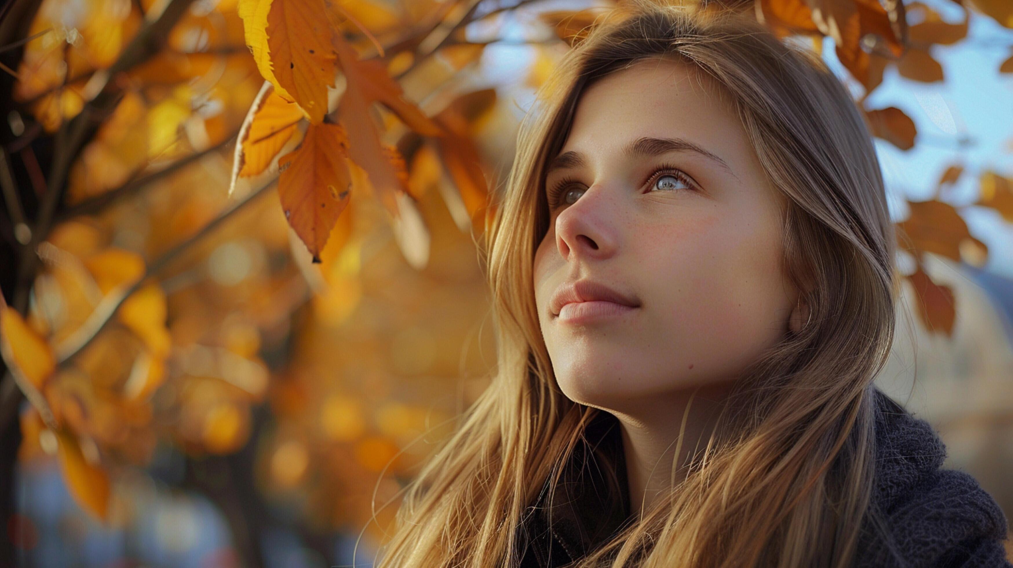 young woman with long blond hair enjoying autumn Stock Free