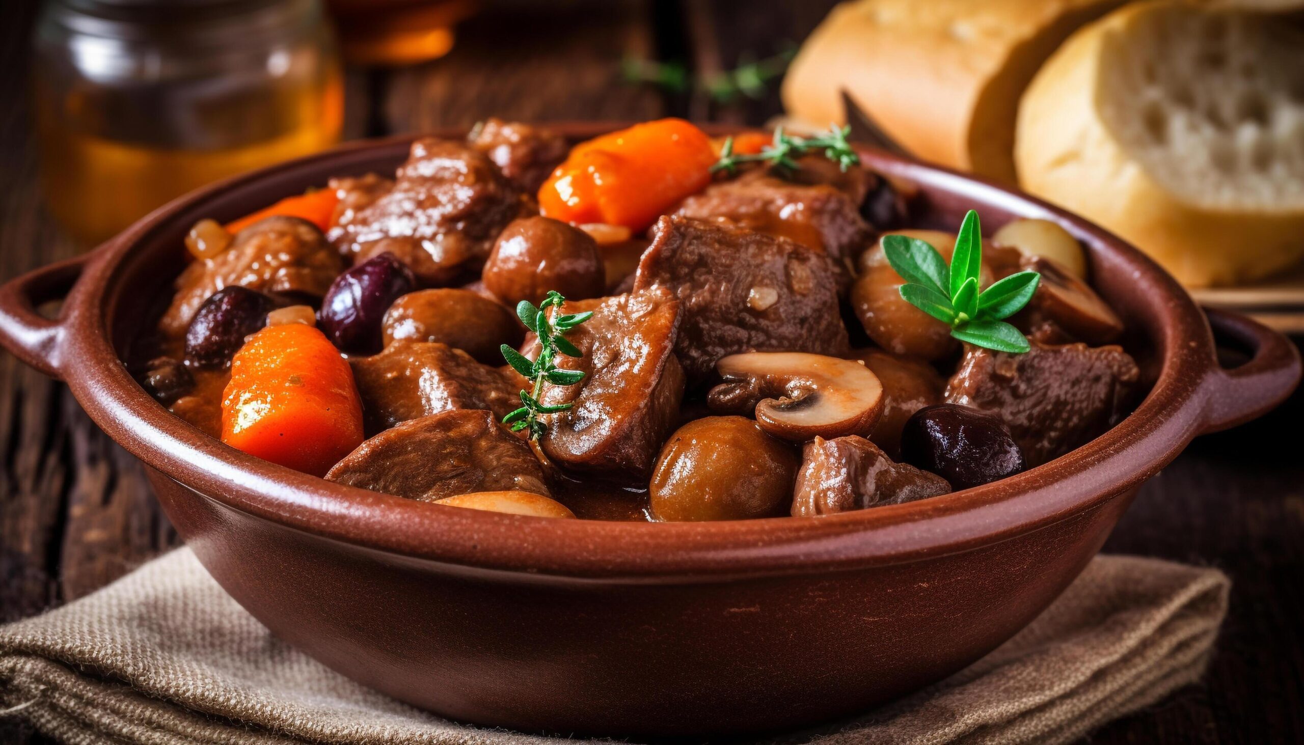 A gourmet meal of cooked beef stew on a wooden table generated by AI Free Photo