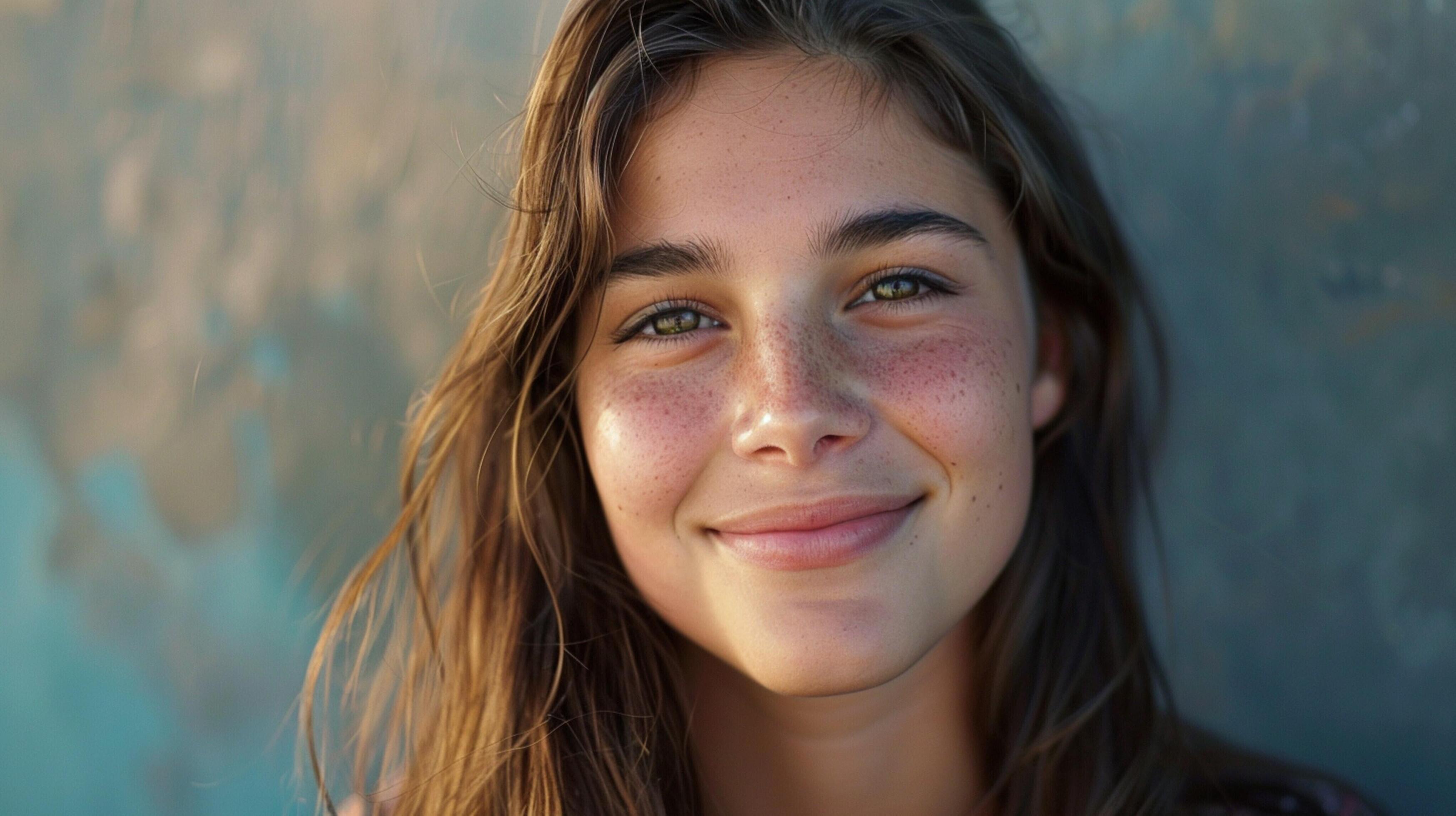 young woman with long brown hair smiling Stock Free