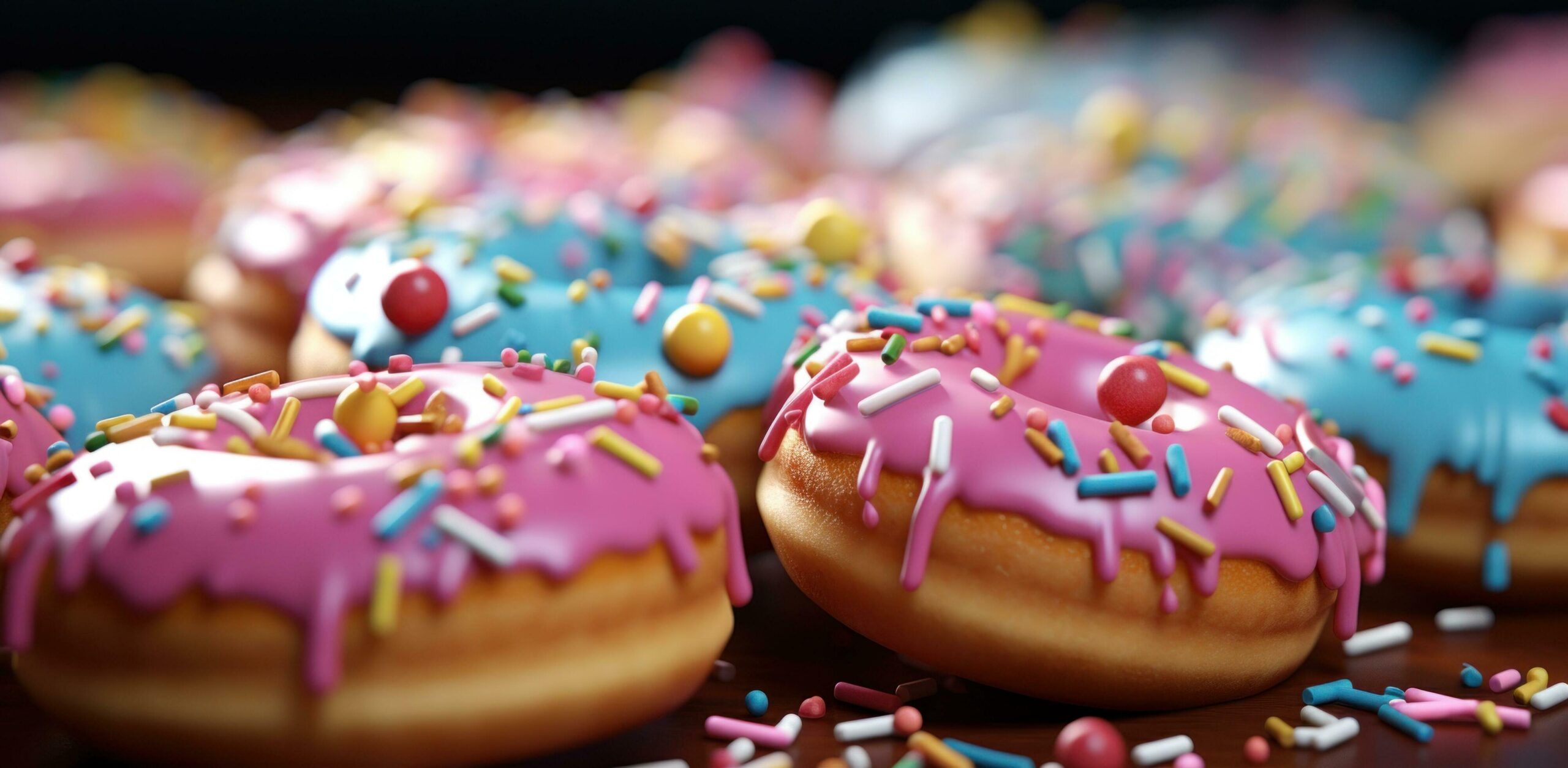 colorful doughnuts with sprinkles over top with yellow frosting and pink speckled sprinkles Free Photo