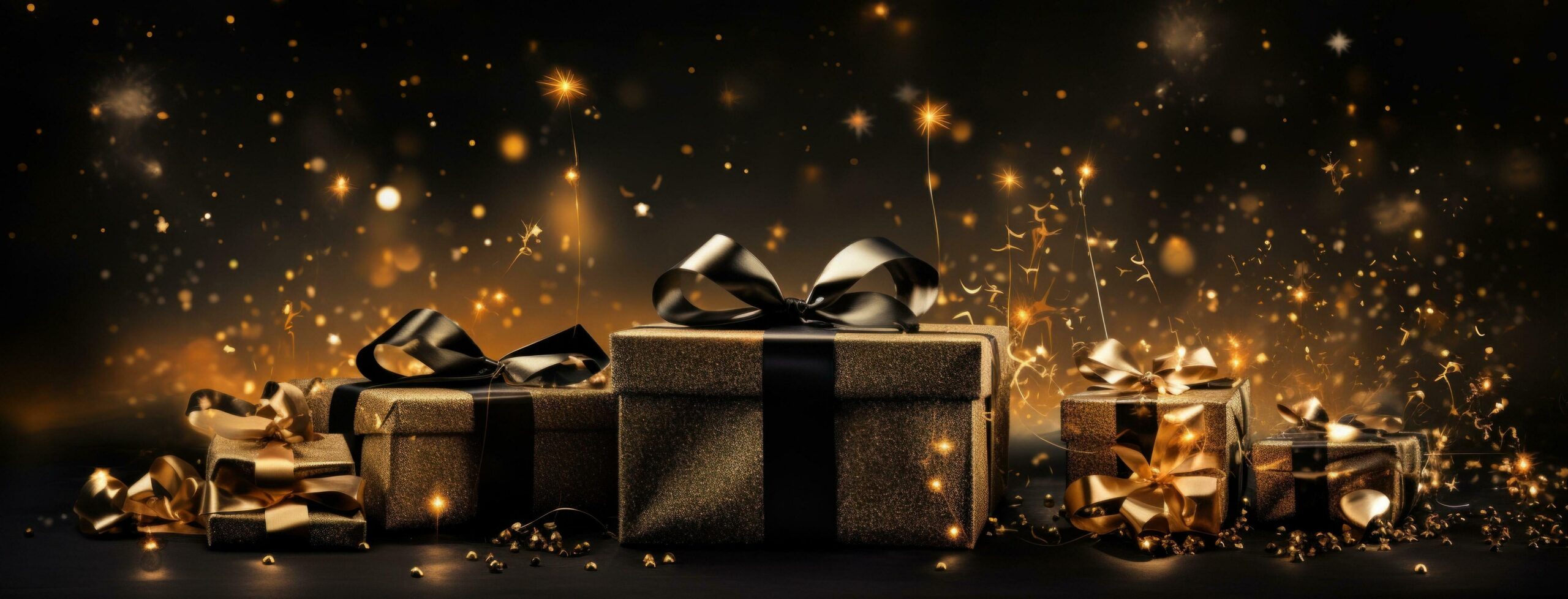 black background with golden gifts and sparks Free Photo