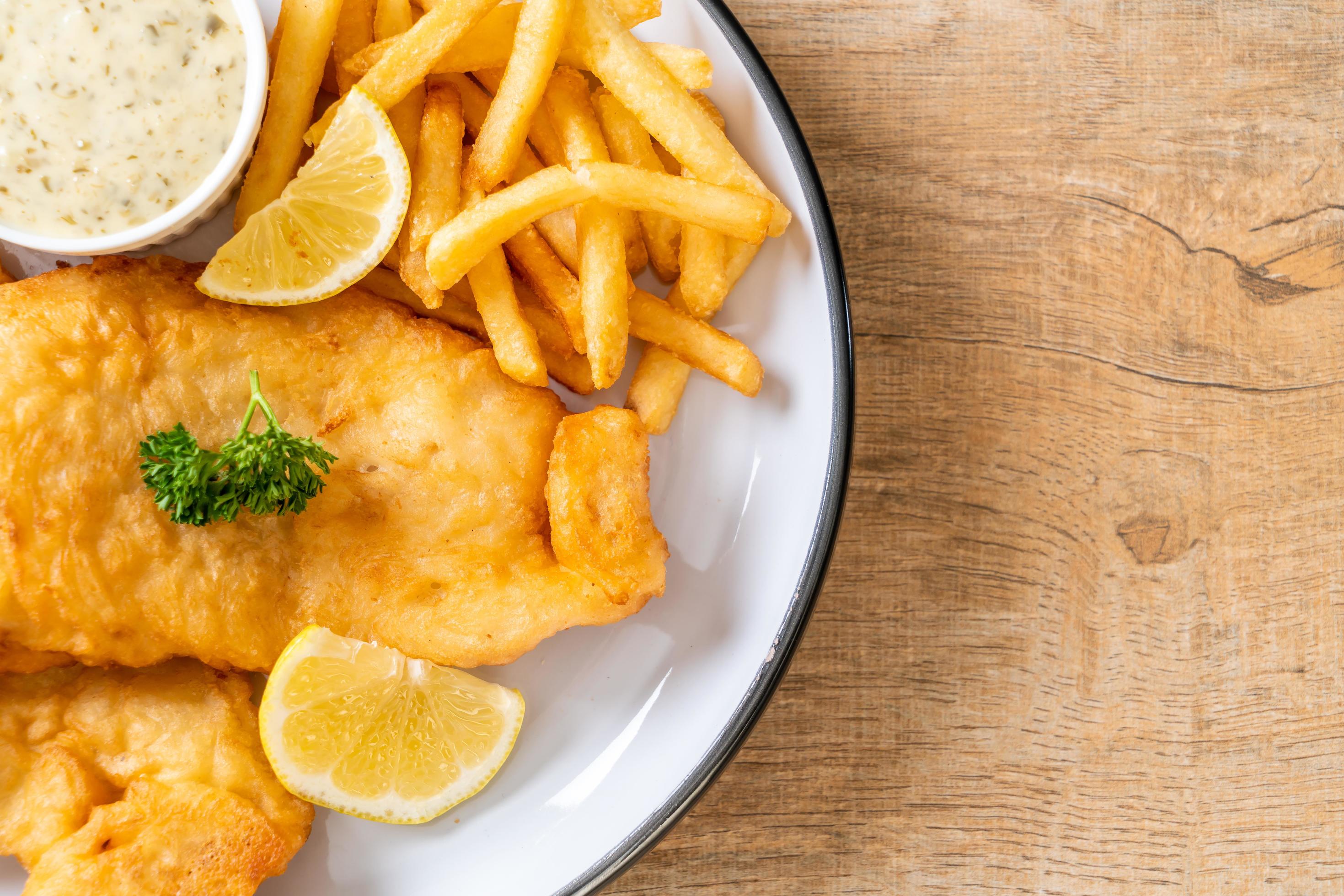 Fish and chips with french fries – unhealthy food Stock Free