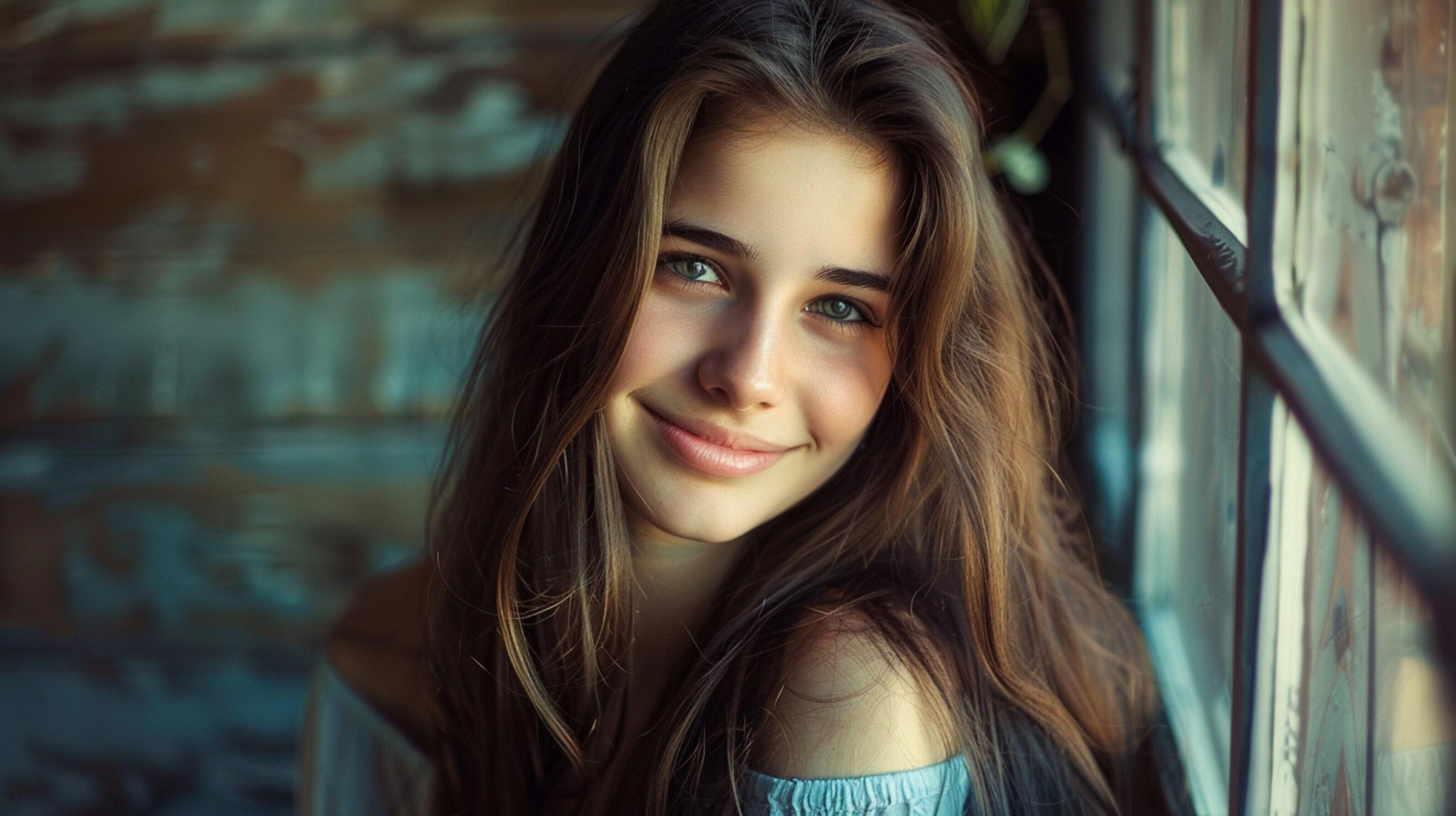 young woman with long brown hair smiling Stock Free