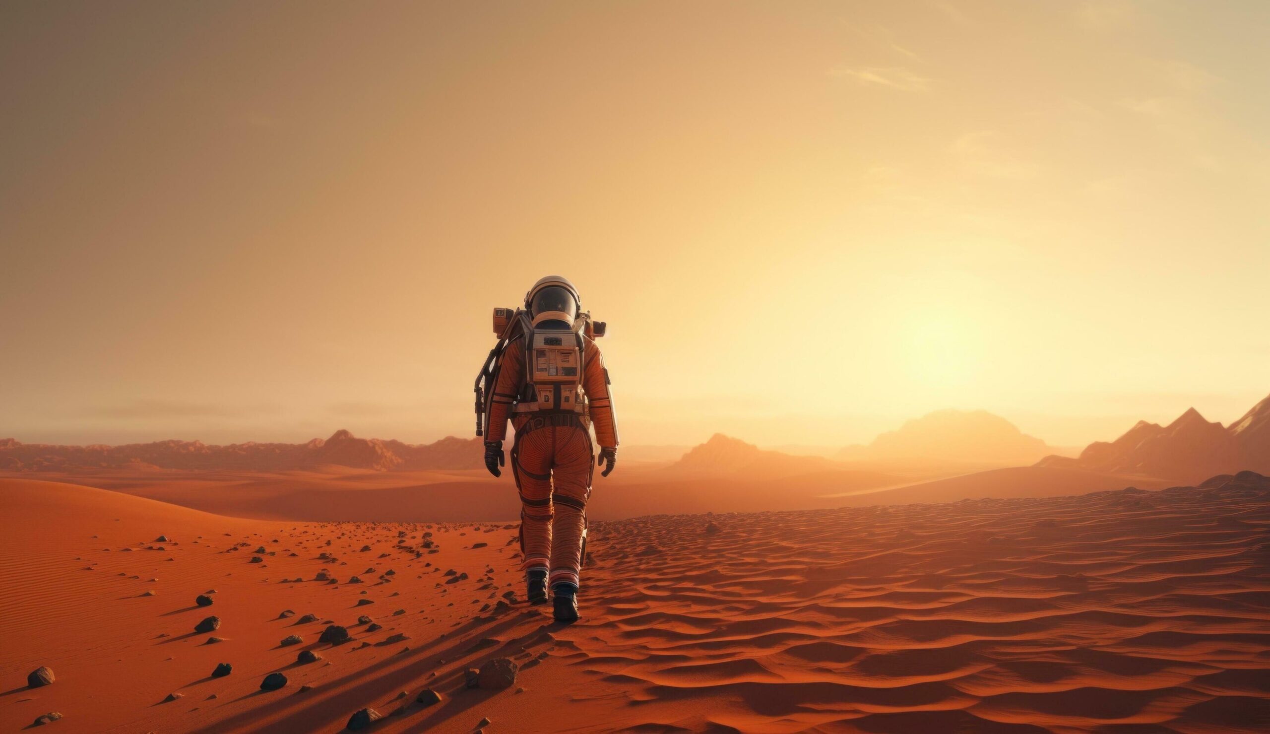 an astronaut walking along the desert floor and planet Free Photo