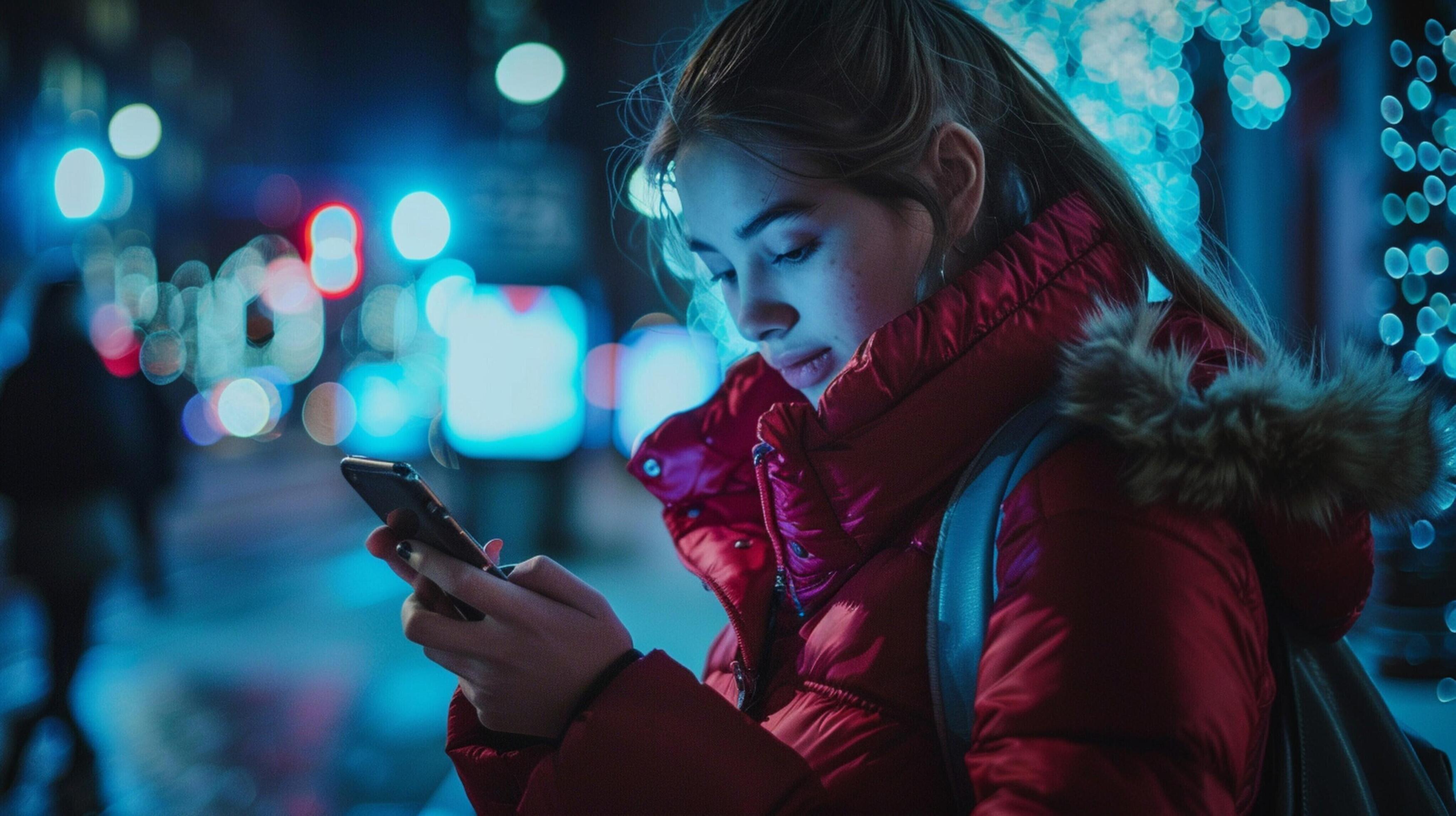 young woman illuminated night texting on phone Stock Free