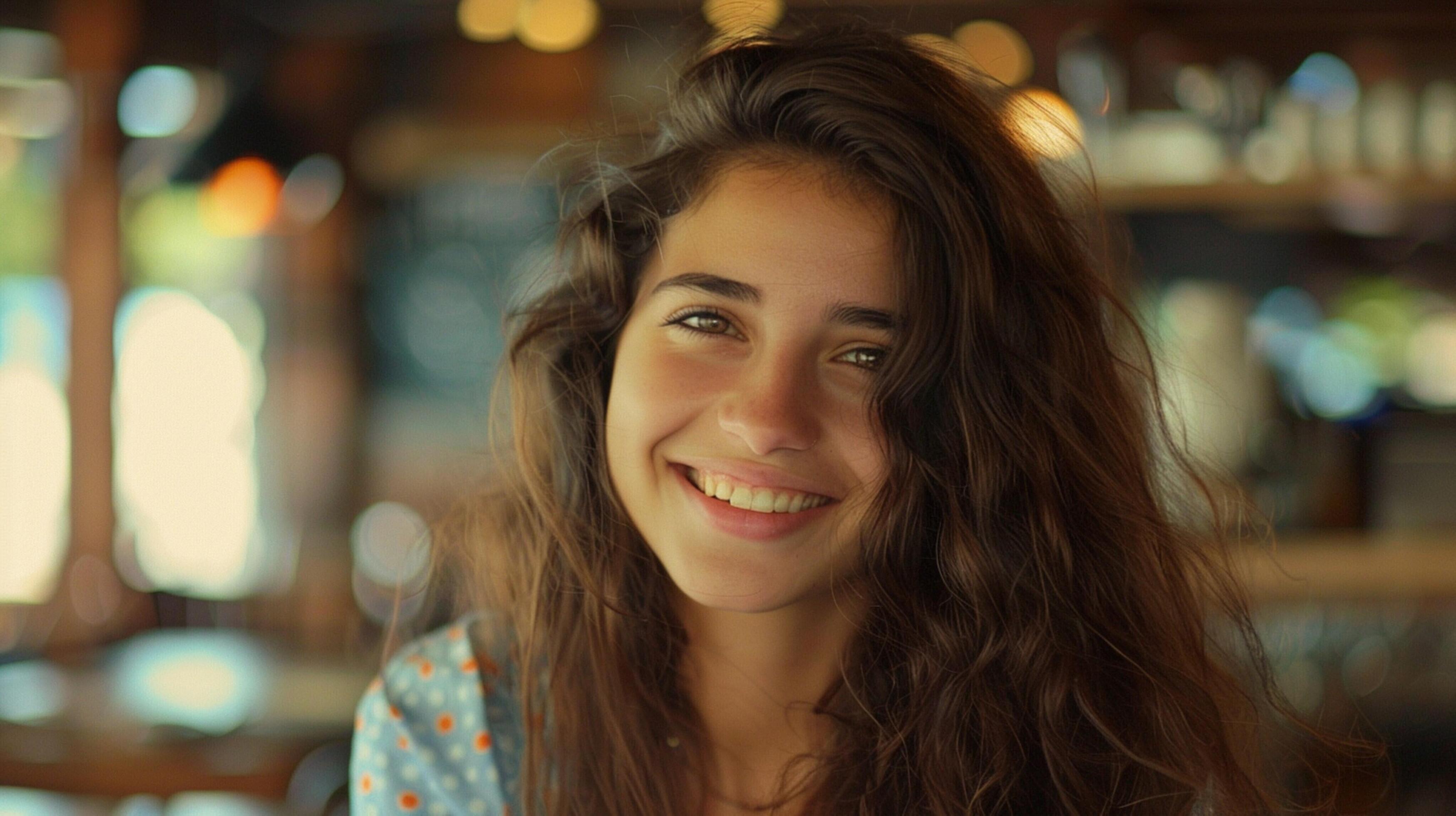 young woman with long brown hair smiling Stock Free